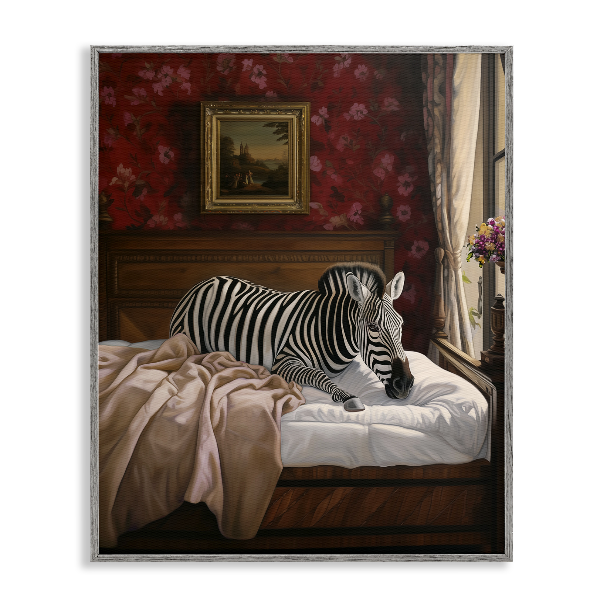 Stupell Industries Zebra on Regal Bed Animals Painting Gray Framed Art Print Wall Art, 16 x 20