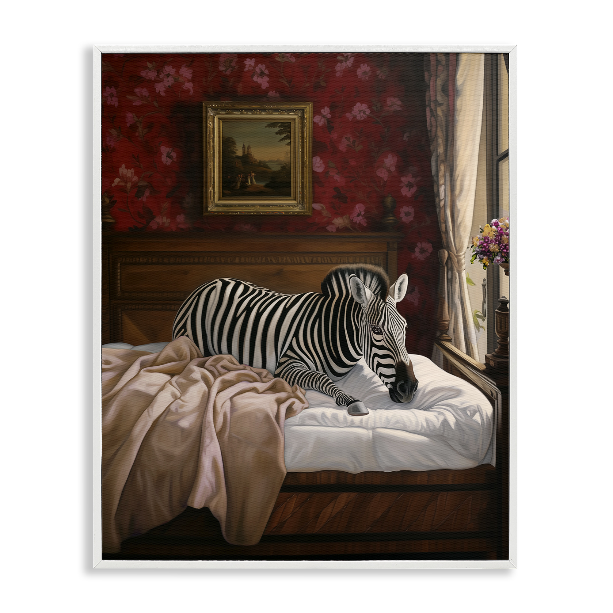 Stupell Industries Zebra on Regal Bed Animals Painting White Framed Art Print Wall Art, 11 x 14