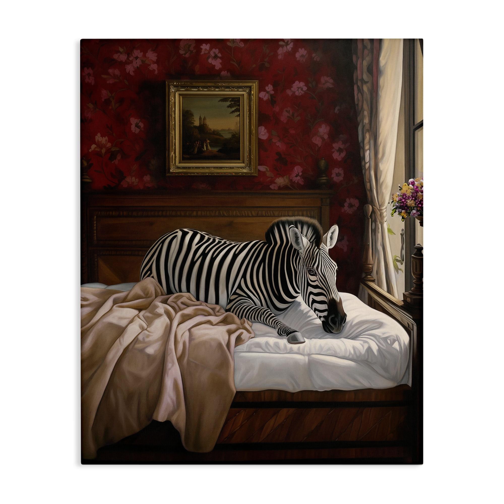 Stupell Industries Zebra on Regal Bed Animals Painting Wrapped Canvas Art Print Wall Art, 30 x 40
