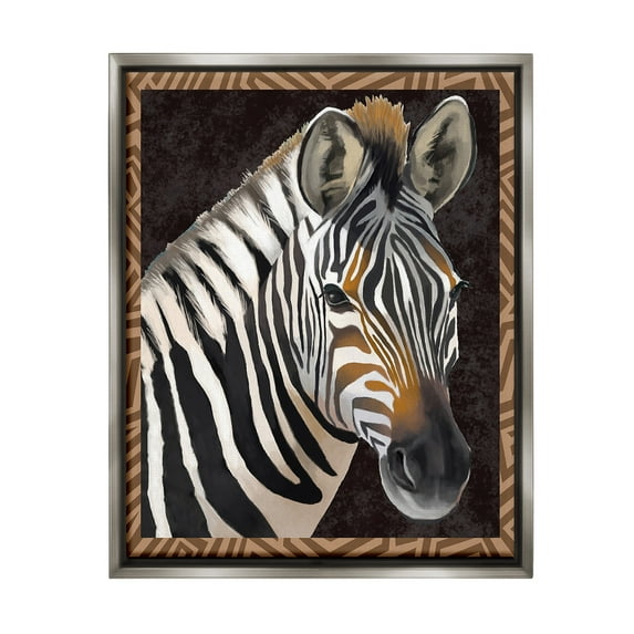 Stupell Industries Zebra with Geometric Border Animals & Insects Painting Gray Floater Framed Canvas Art Print Wall Art, 17 x 21