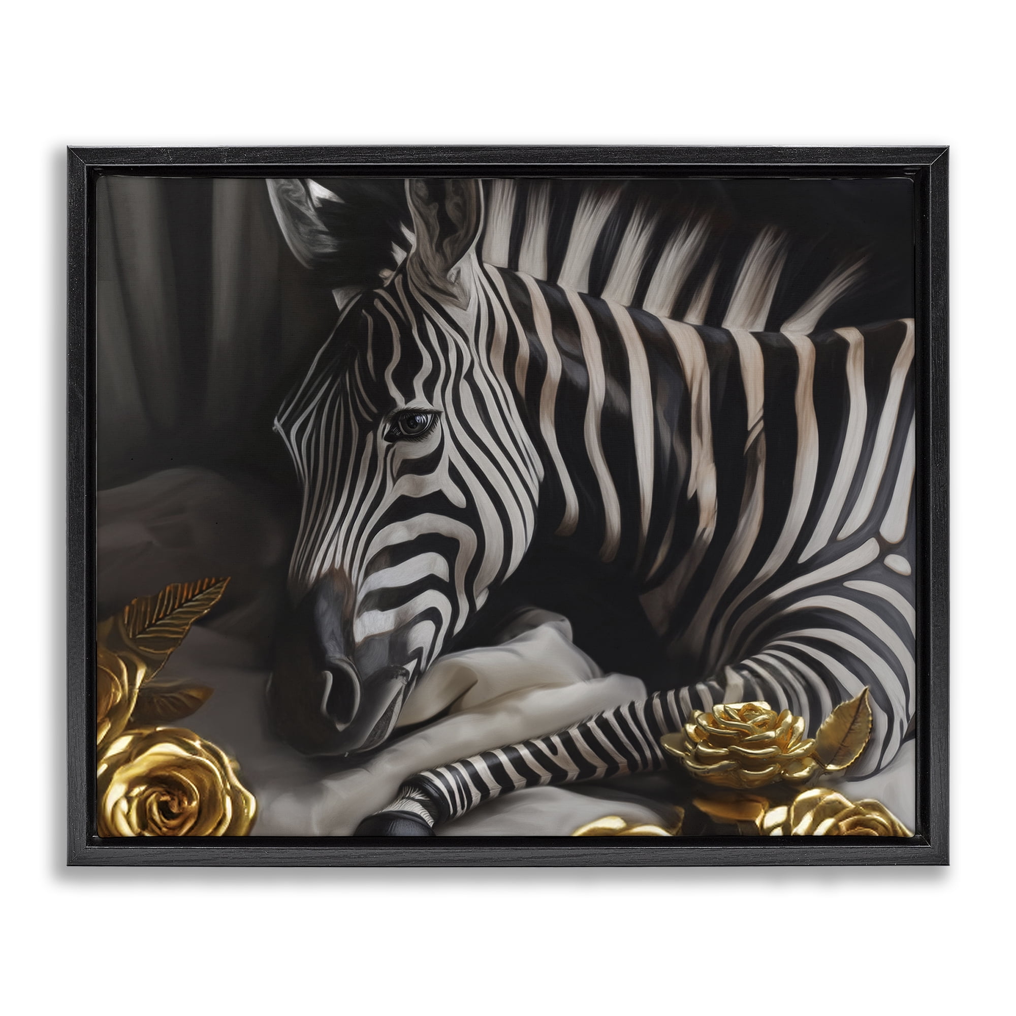 Stupell Industries Zebra with Gold Flowers Animals Painting Black Floater Framed Canvas Art Print Wall Art, 31 x 25