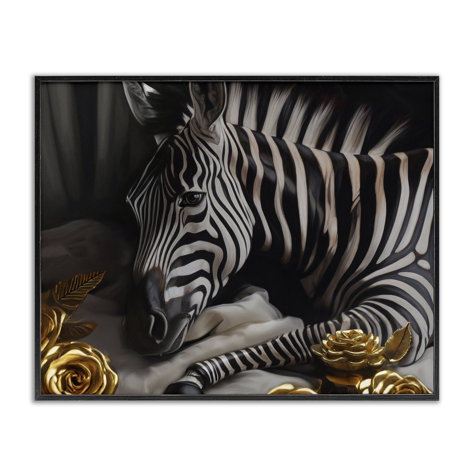 Stupell Industries Zebra with Gold Flowers Animals Painting Black Framed Art Print Wall Art, 14 x 11