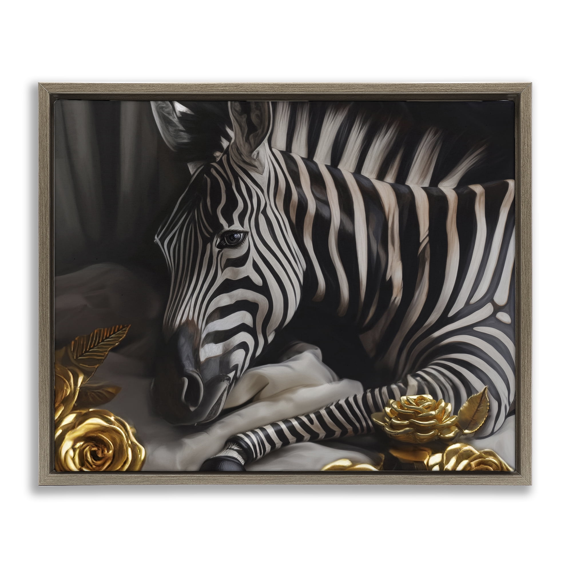Stupell Industries Zebra with Gold Flowers Animals Painting Brown Floater Framed Canvas Art Print Wall Art, 31 x 25