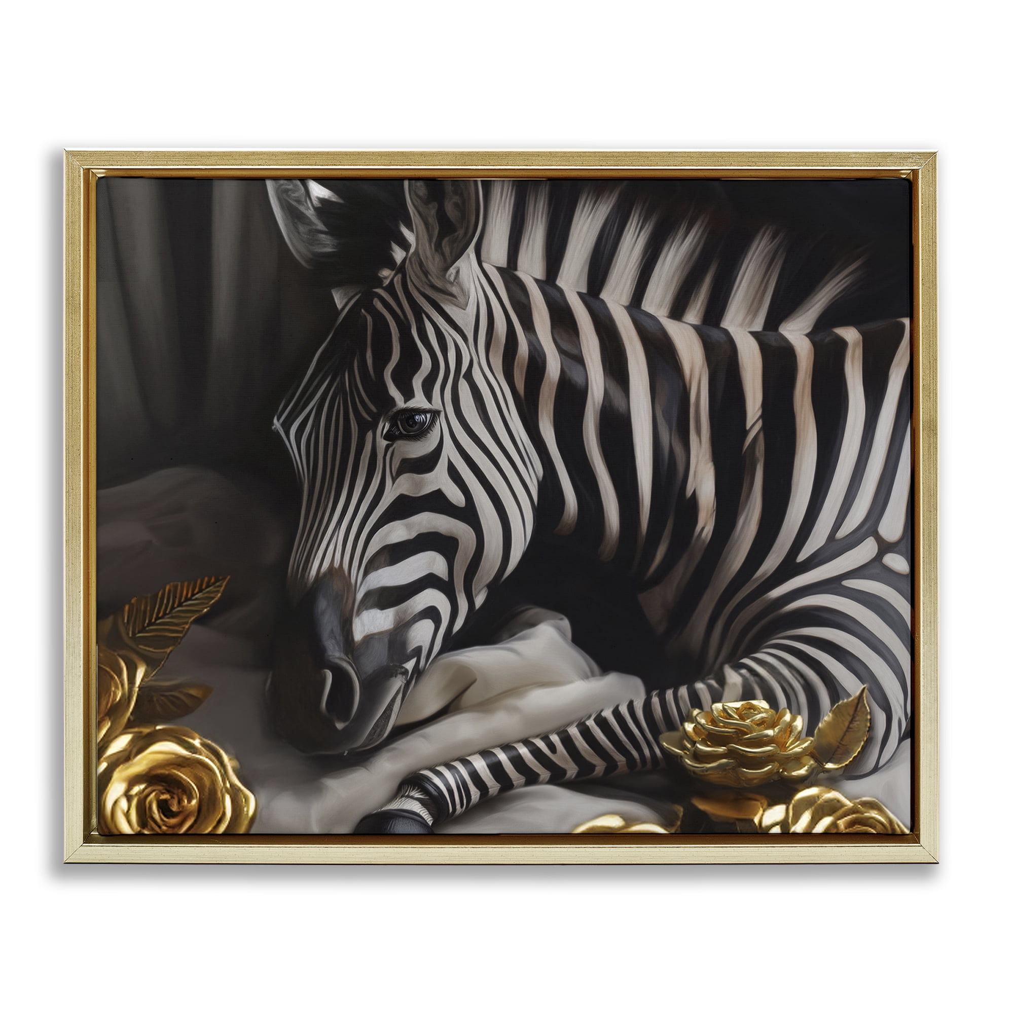 Stupell Industries Zebra with Gold Flowers Animals Painting Gold Floater Framed Canvas Art Print Wall Art, 31 x 25