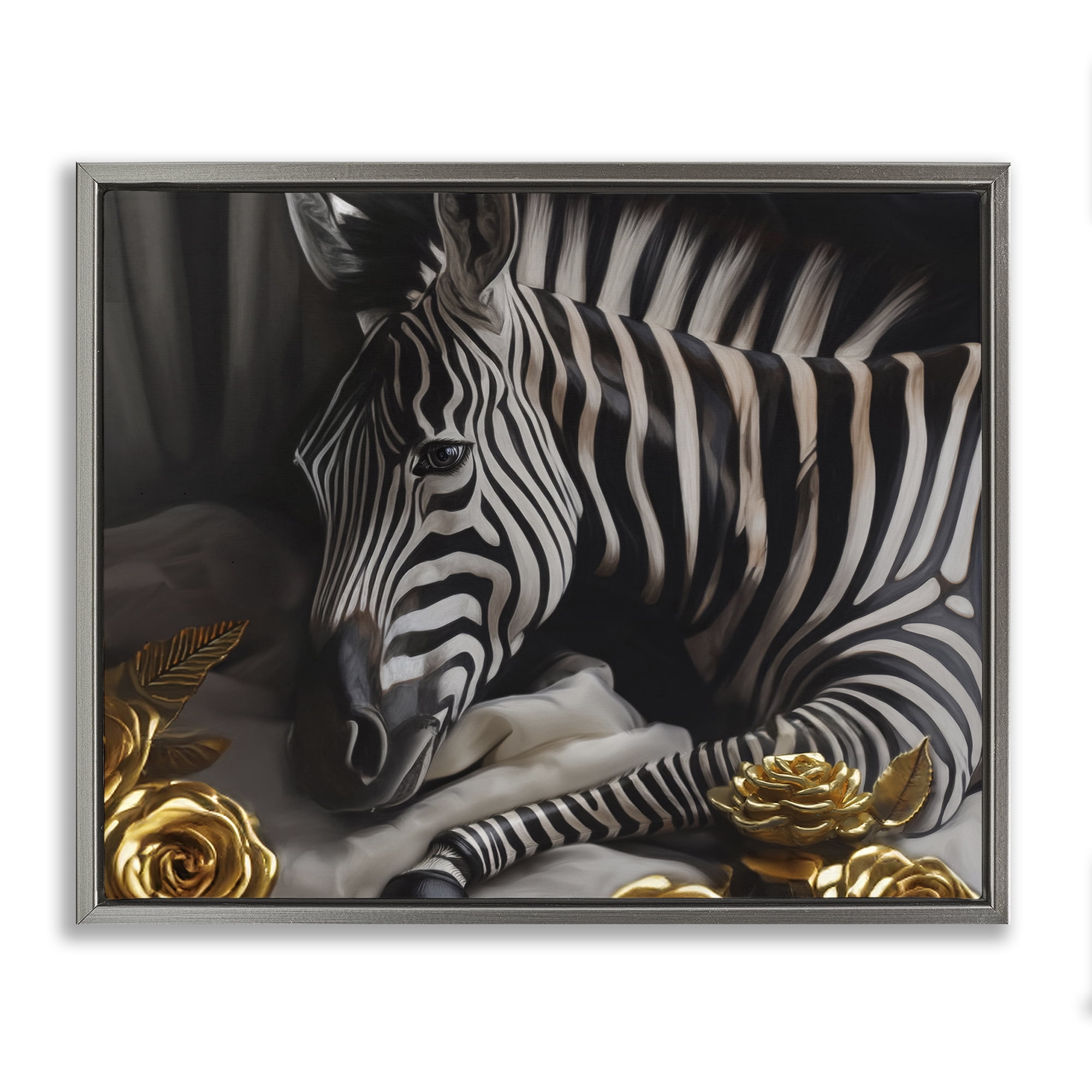 Stupell Industries Zebra with Gold Flowers Animals Painting Gray Floater Framed Canvas Art Print Wall Art, 21 x 17