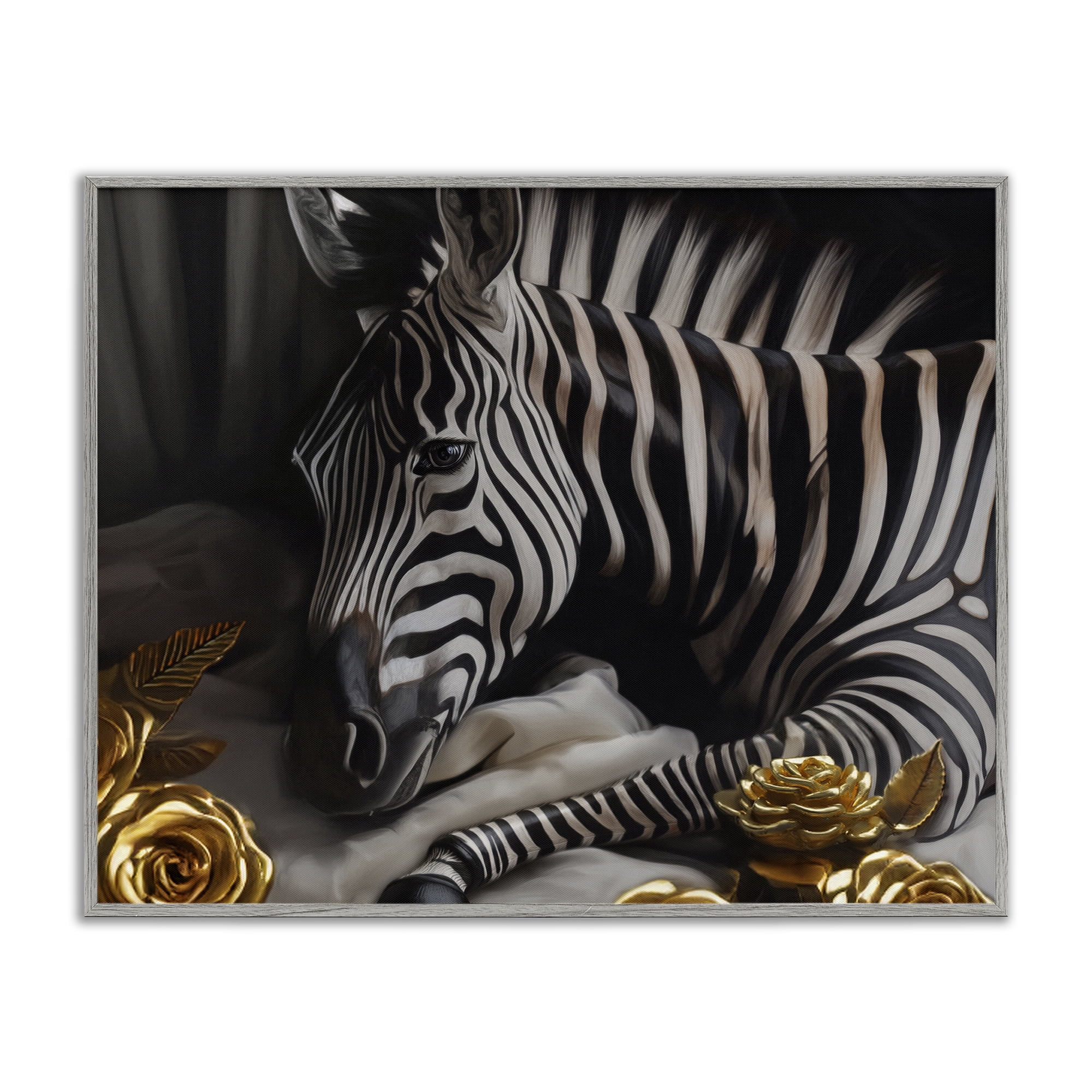 Stupell Industries Zebra with Gold Flowers Animals Painting Gray Framed Art Print Wall Art, 30 x 24