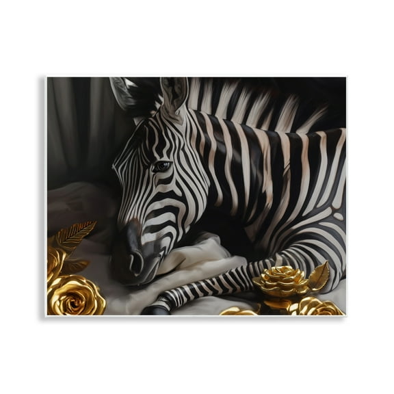 Stupell Industries Zebra with Gold Flowers Animals Painting Unframed Art Print Wall Art, 14 x 11