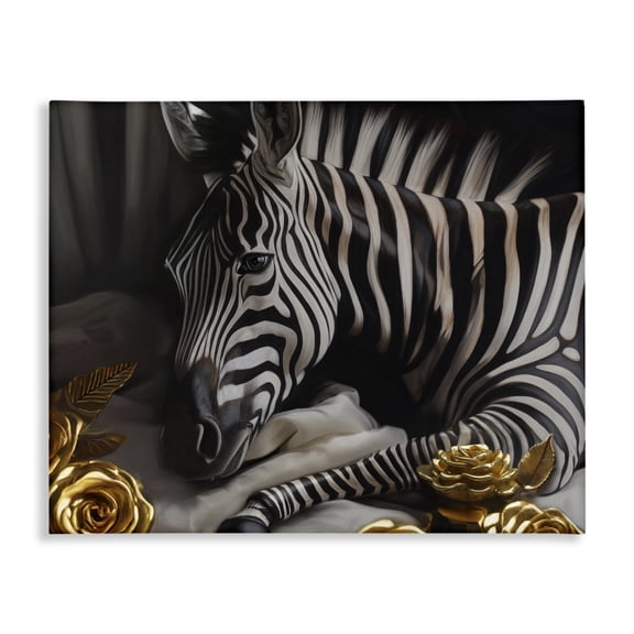 Stupell Industries Zebra with Gold Flowers Animals Painting Wrapped Canvas Art Print Wall Art, 48 x 36