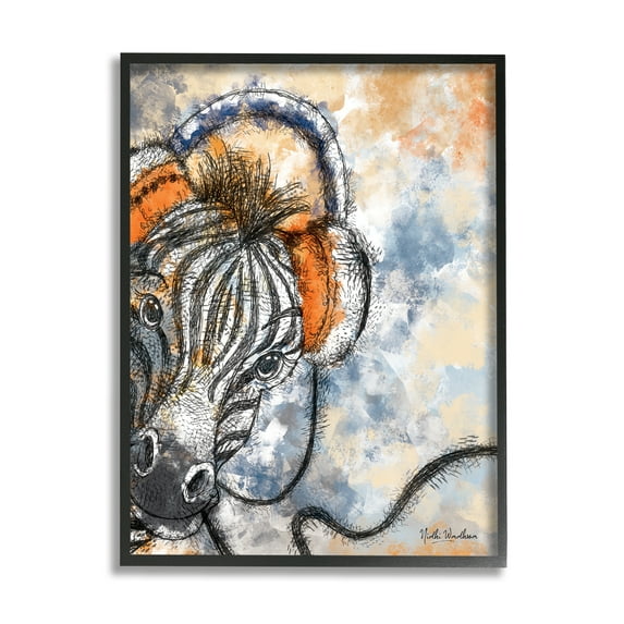 Stupell Industries Zebra with Headphones Animals & Insects Painting Black Framed Art Print Wall Art, 24 x 30