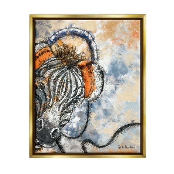 Stupell Industries Zebra with Headphones Animals & Insects Painting Gold Floater Framed Art Print Wall Art, 25 x 31