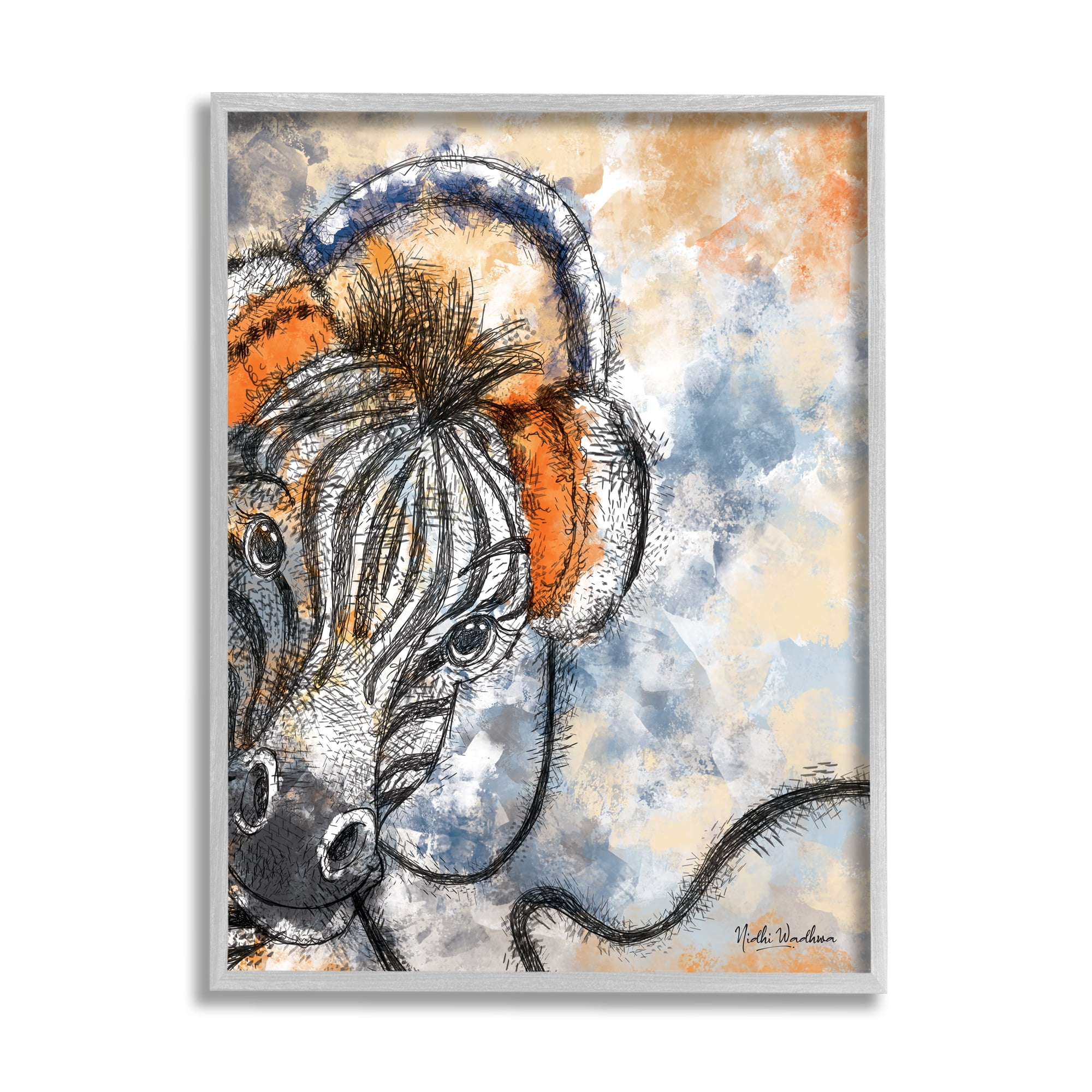 Stupell Industries Zebra with Headphones Animals & Insects Painting Gray Framed Art Print Wall Art, 24 x 30