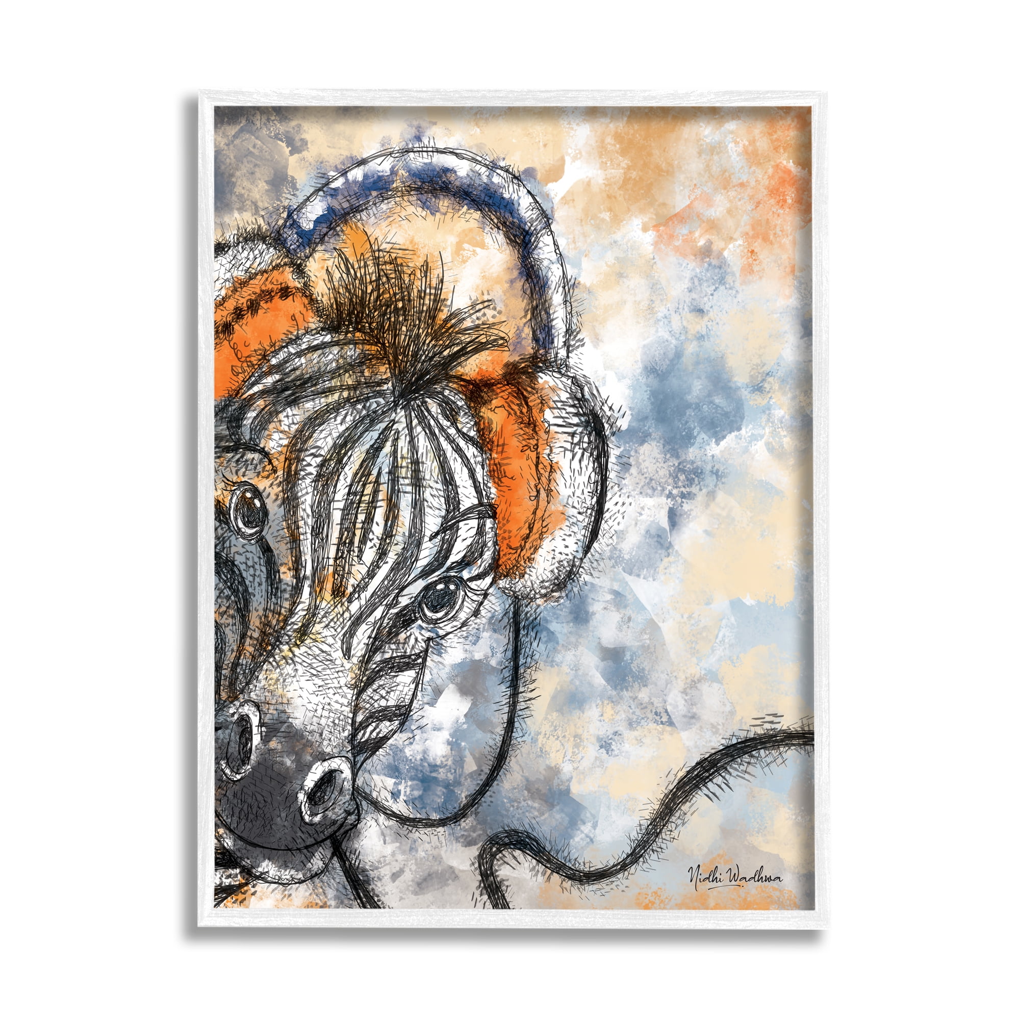 Stupell Industries Zebra with Headphones Animals & Insects Painting White Framed Art Print Wall Art, 11 x 14