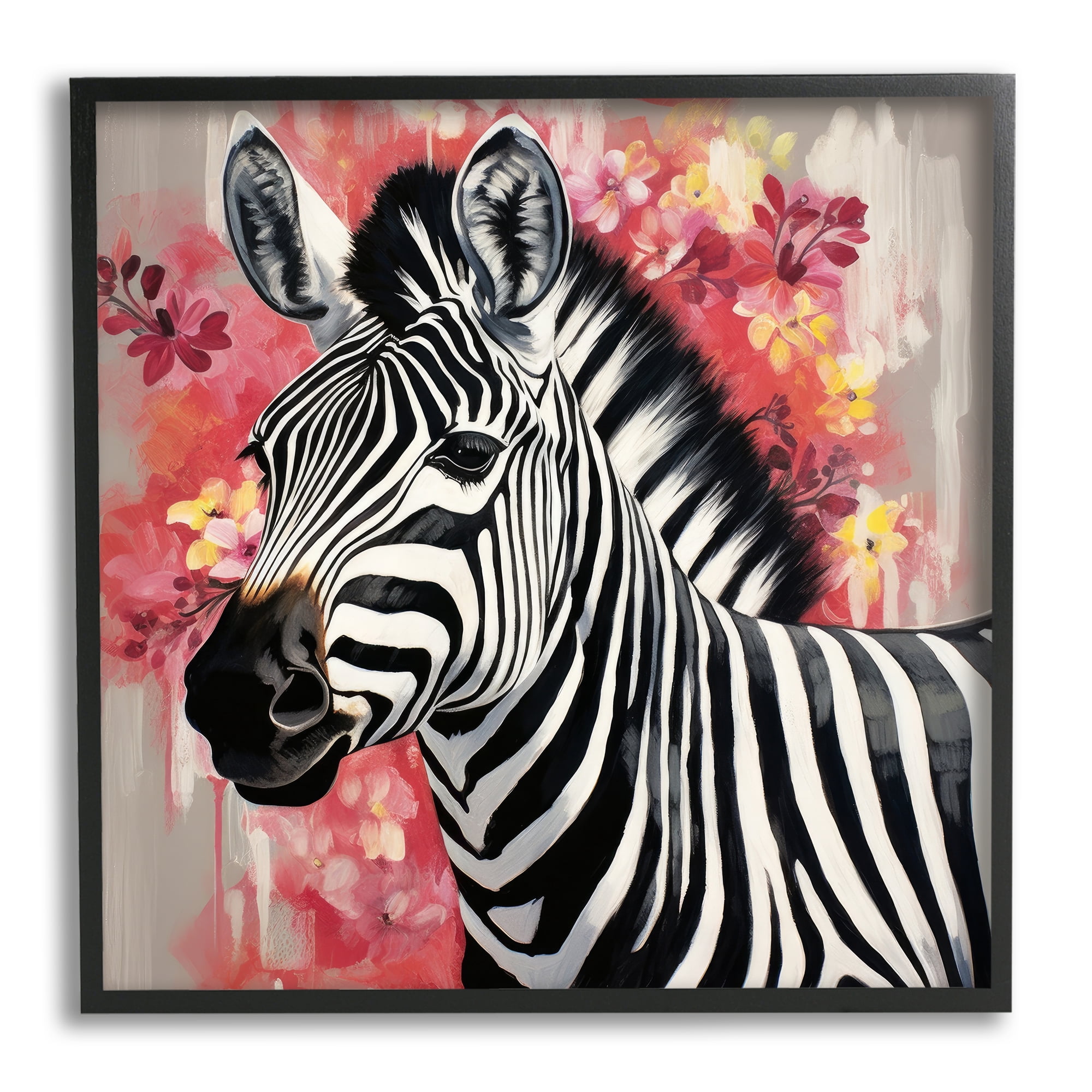 Stupell Industries Zebra with Pink Flowers Animals & Insects Painting Black Framed Art Print Wall Art, 24 x 24