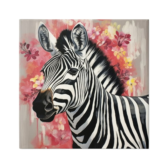 Stupell Industries Zebra with Pink Flowers Animals & Insects Painting Gallery Wrapped Canvas Art Print Wall Art, 24 x 24