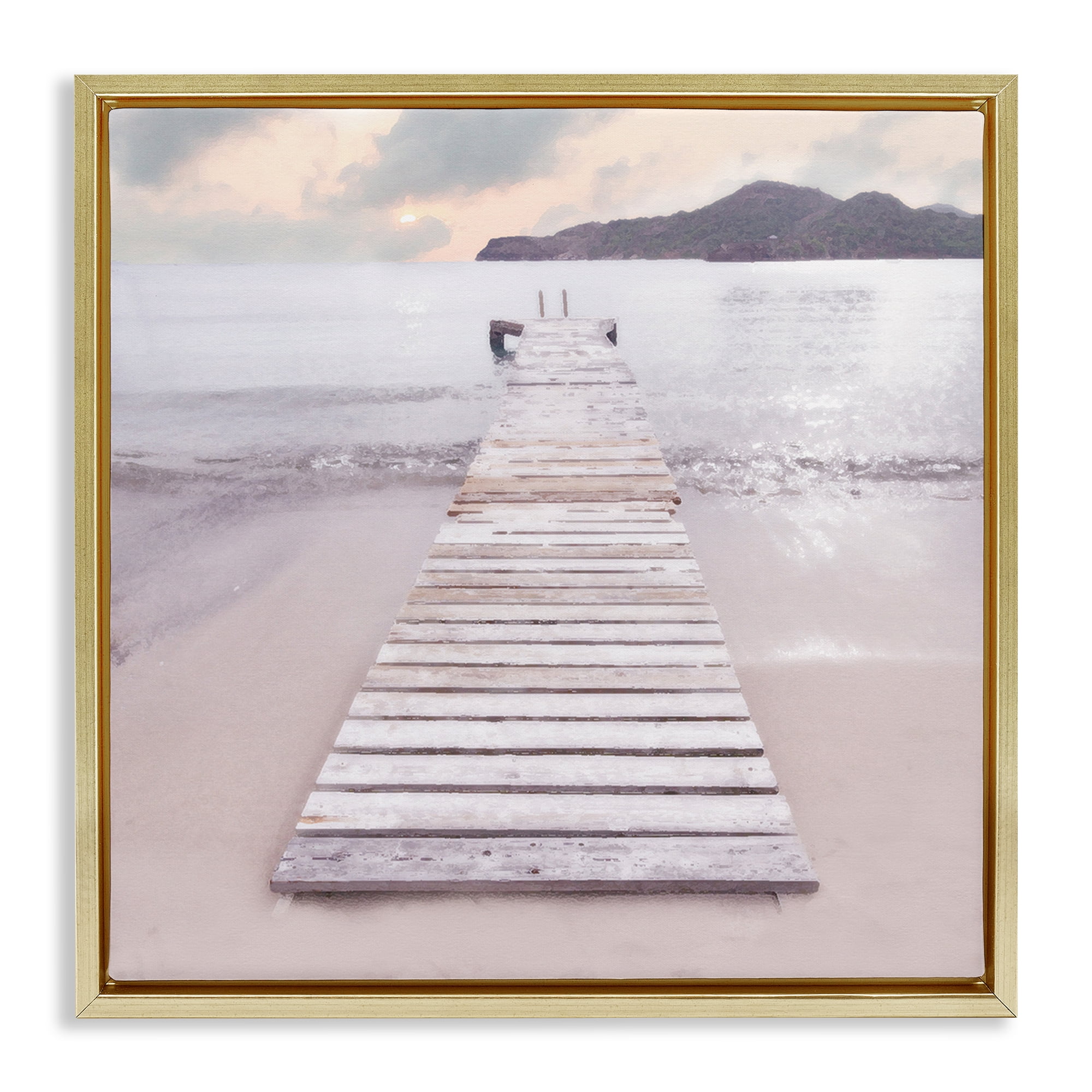Stupell Industries Zen Beach Dock Landscape Painting Gold Floater Framed Canvas Art Print Wall Art, 25 x 25
