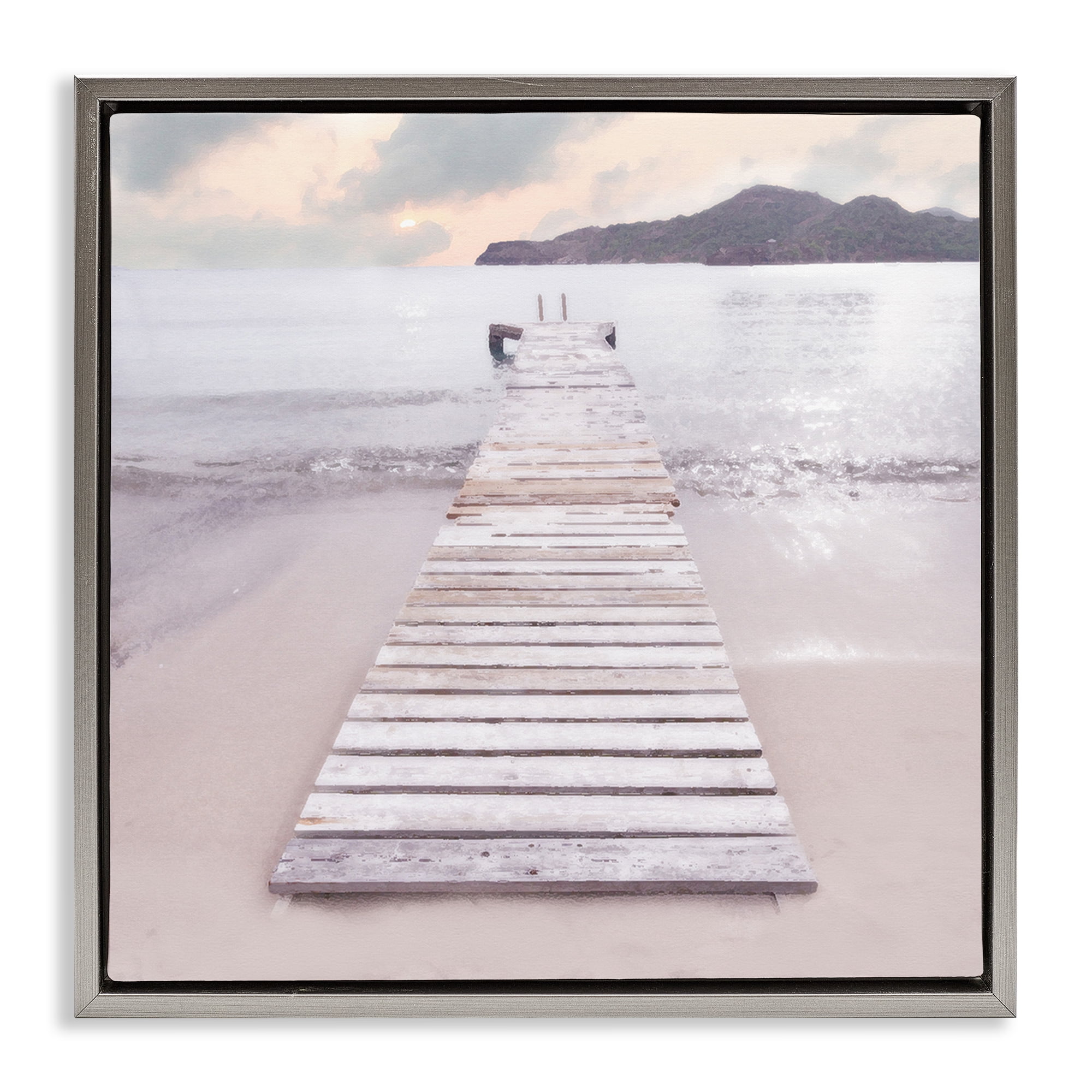 Stupell Industries Zen Beach Dock Landscape Painting Gray Floater Framed Canvas Art Print Wall Art, 18 x 18