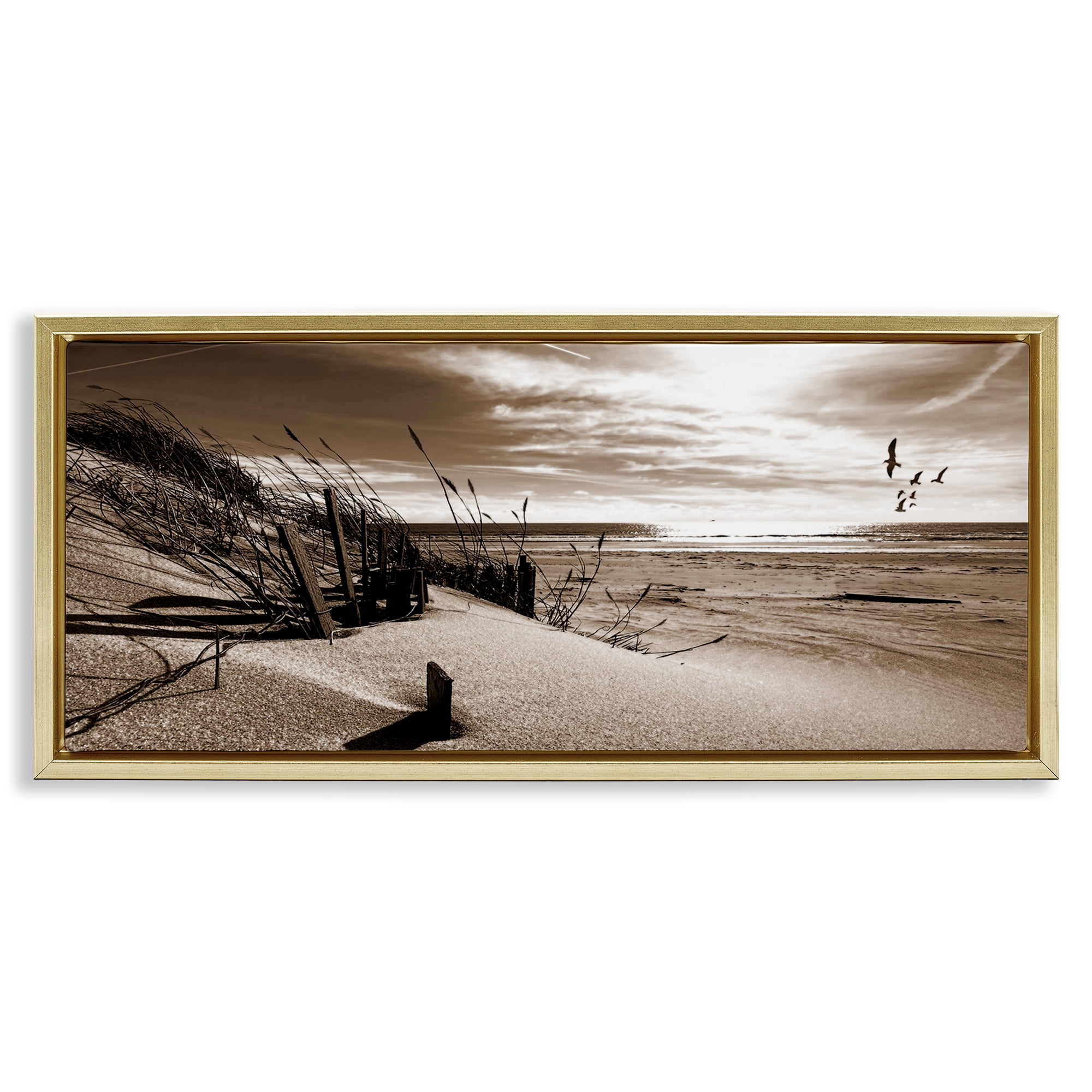 Stupell Industries Zen Sands Beach Landscape Photography Gold Floater Framed Canvas Art Print Wall Art, 31 x 14