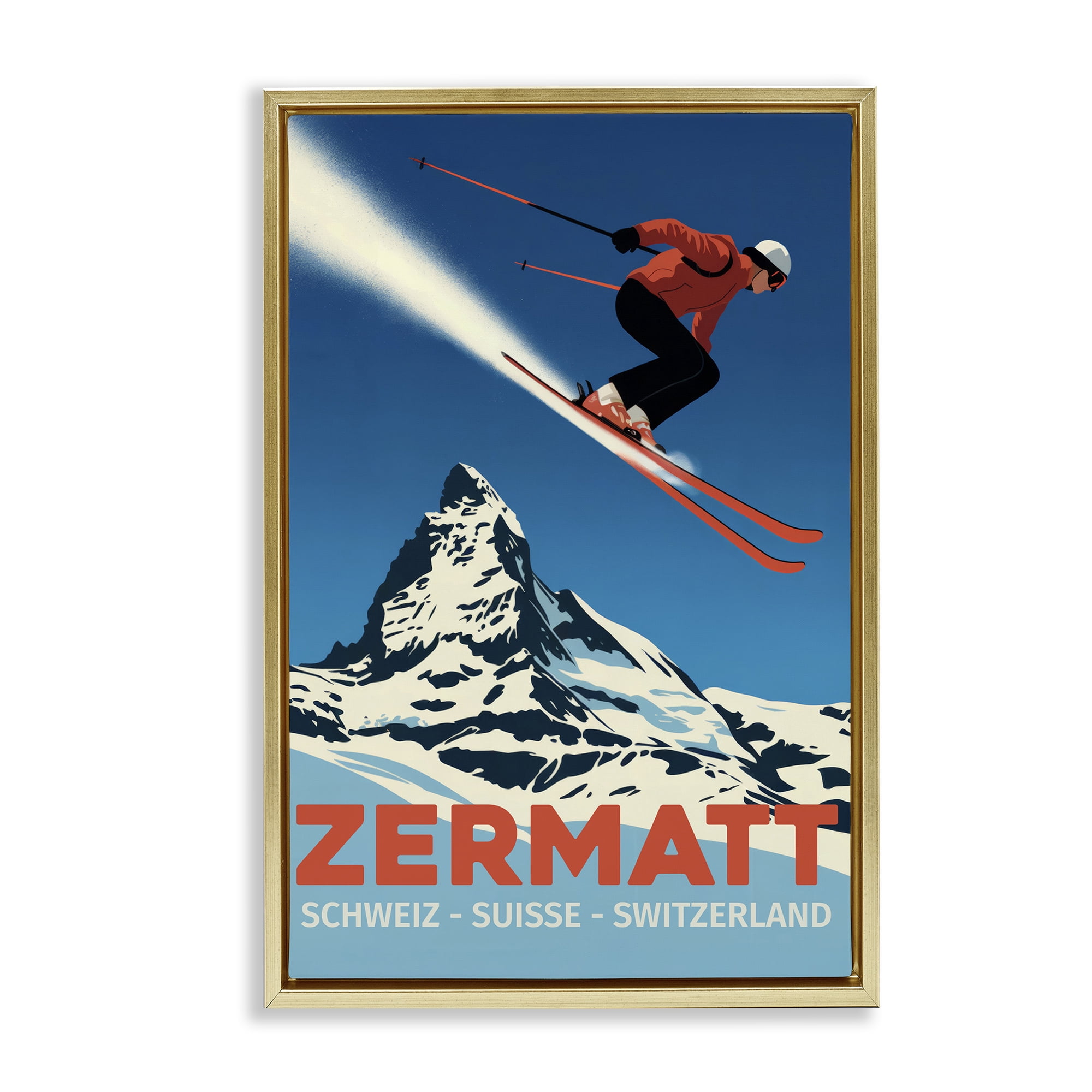 Stupell Industries Zermatt Ski Poster Gold Framed Floater Canvas Wall Art, design by Andreas Magnusson