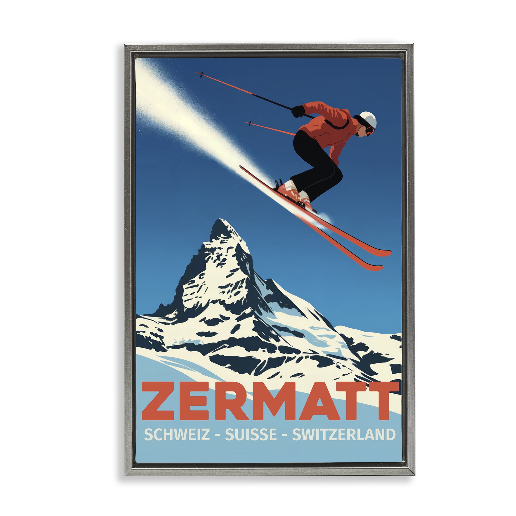 Stupell Industries Zermatt Ski Poster Gray Framed Floater Canvas Wall Art, design by Andreas Magnusson