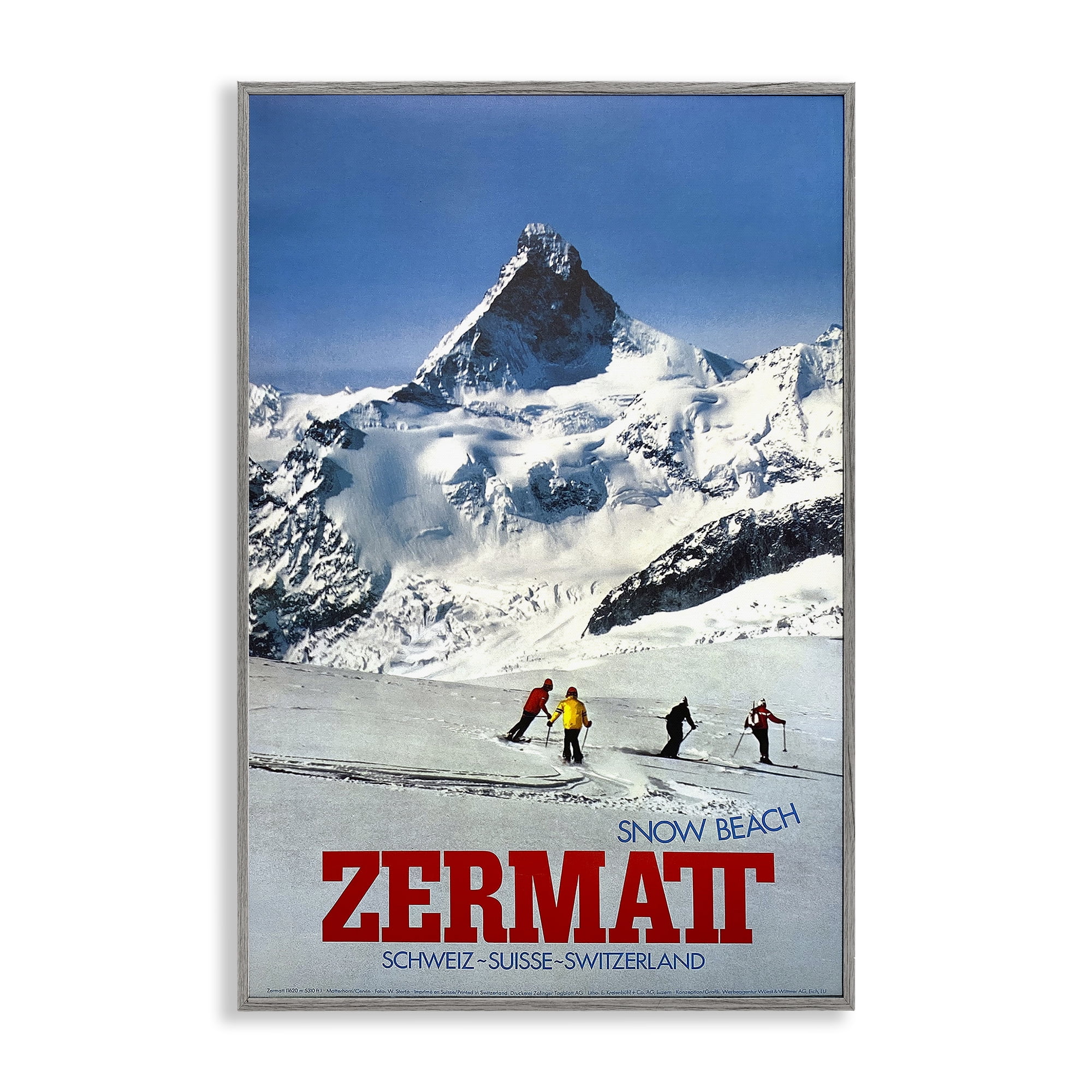 Stupell Industries Zermatt Snow Beach Gray Framed Giclee Art, design by Vintage Posters