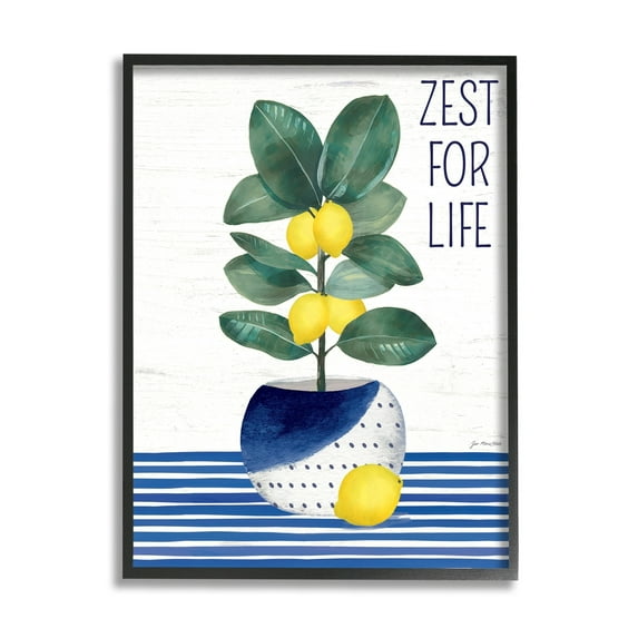 Stupell Industries Zest For Life Lemon Plant Blue Stripes Botanical & Floral Painting Black Framed Art Print Wall Art, 11 x 14
