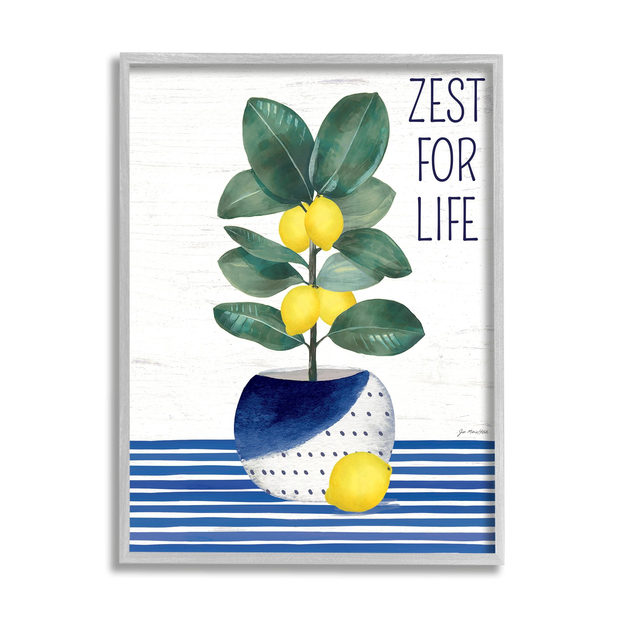 Stupell Industries Zest For Life Lemon Plant Blue Stripes Botanical & Floral Painting Gray Framed Art Print Wall Art, 16 x 20