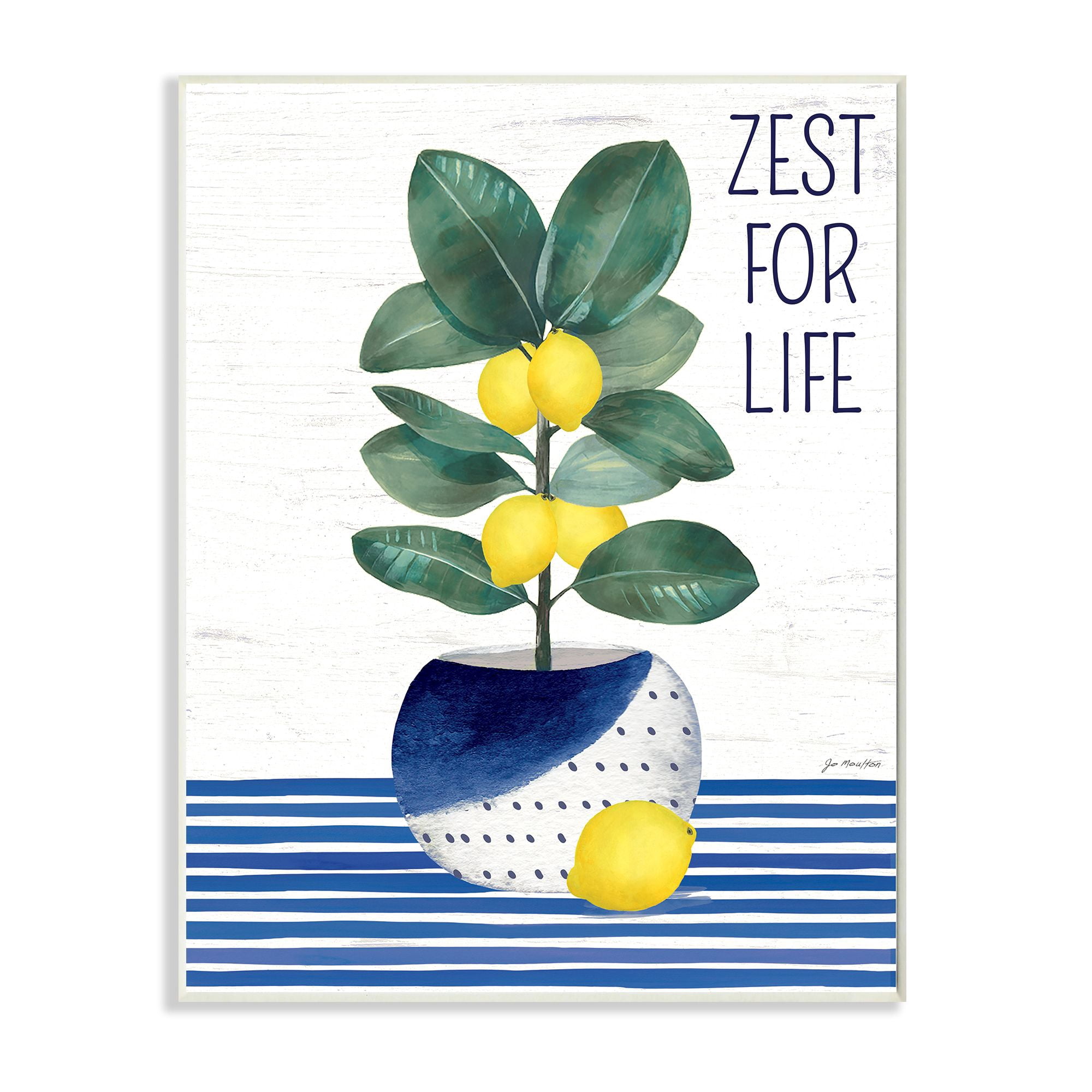 Stupell Industries Zest For Life Lemon Plant Blue Stripes Botanical & Floral Painting Wall Plaque Art Print Wall Art, 10 x 15