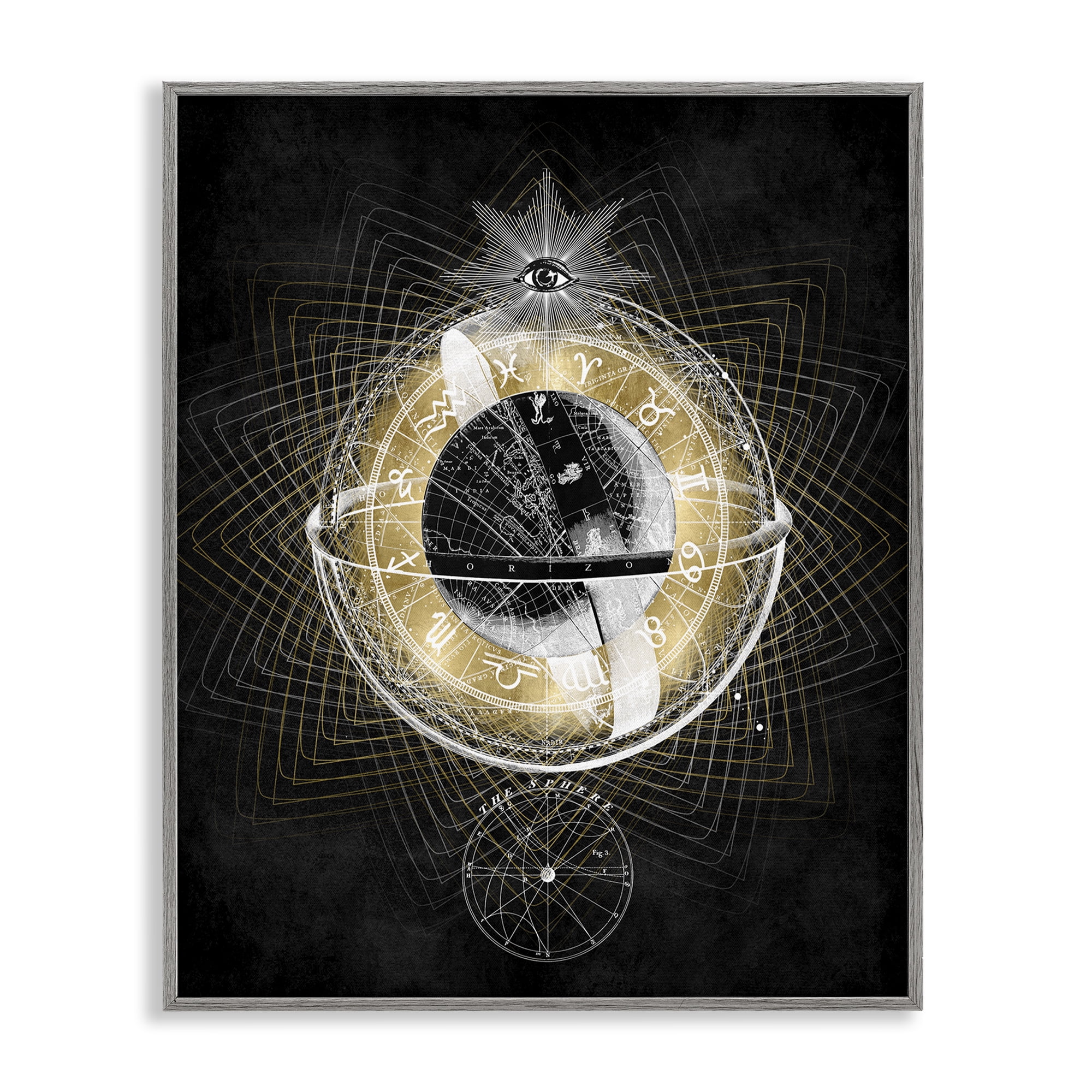 Stupell Industries Zodiac Symbols on Fractal Astrology & Stars Painting Gray Framed Art Print Wall Art, 24 x 30