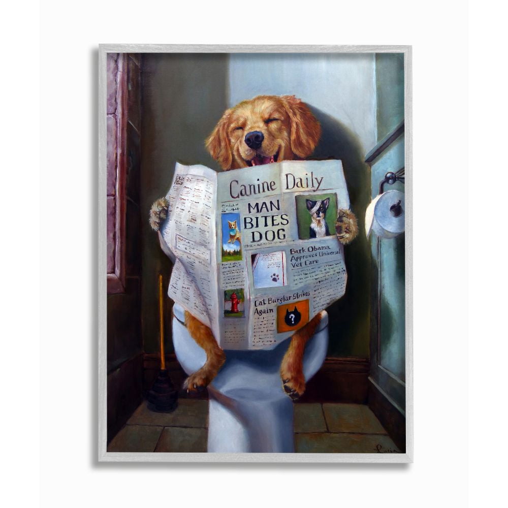 Stupell Industries dog Reading The Newspaper On Toilet Funny Painting framed Wall Art By Lucia Heffernan