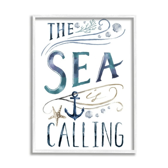 Stupell Industries the Sea is Calling Nautical Sentiment Navy Anchor Coastal Painting White framed Art Print Wall Art, 16 x 20, Design by Nina Pierce