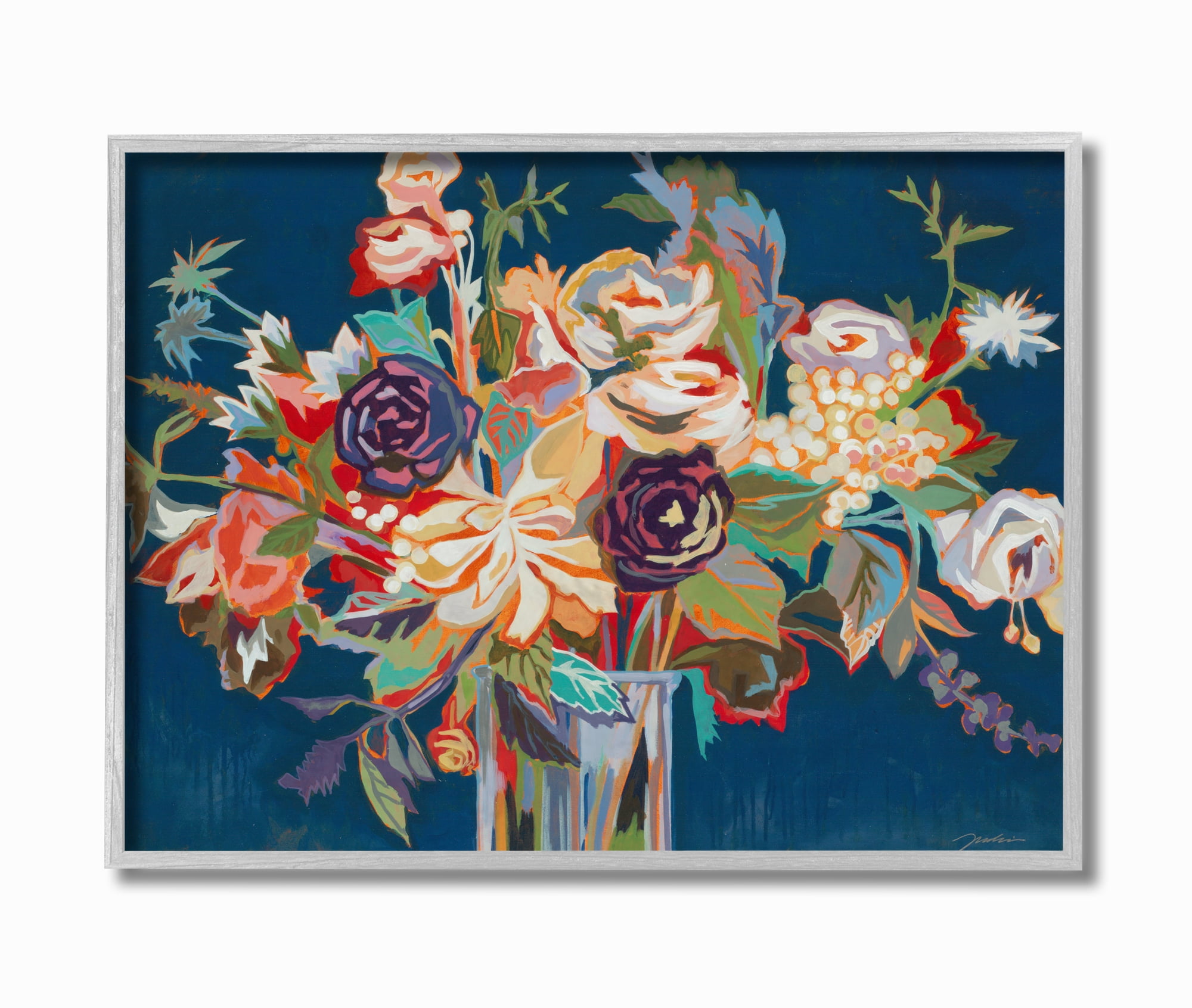 Stupell IndustriesAbstract Bright Flower Vase with Orange Purple and Green on BlueFramed Wall Art by Third and Wall