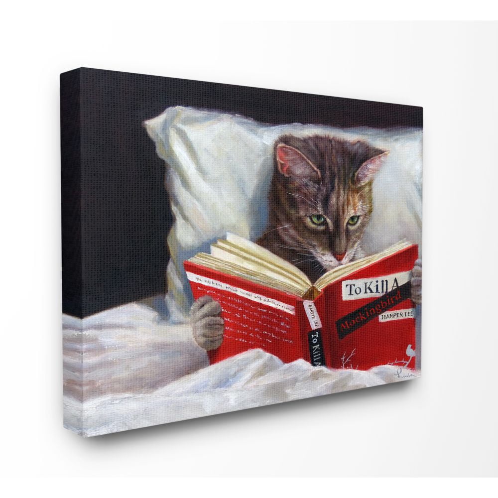 Stupell Industries " Cat Reading A Book In Bed Funny Painting " by Lucia Heffernan