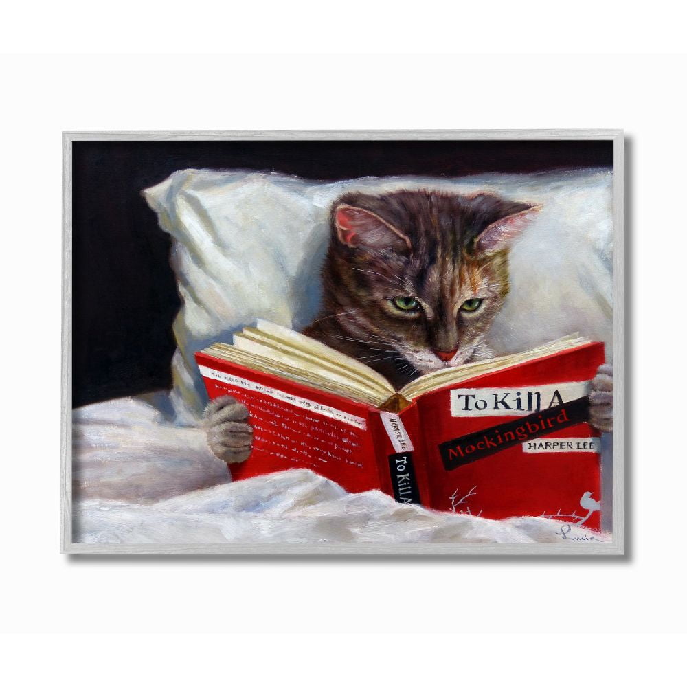 Stupell IndustriesCat Reading a Book in Bed Funny PaintingFramed Wall Art by Lucia Heffernan