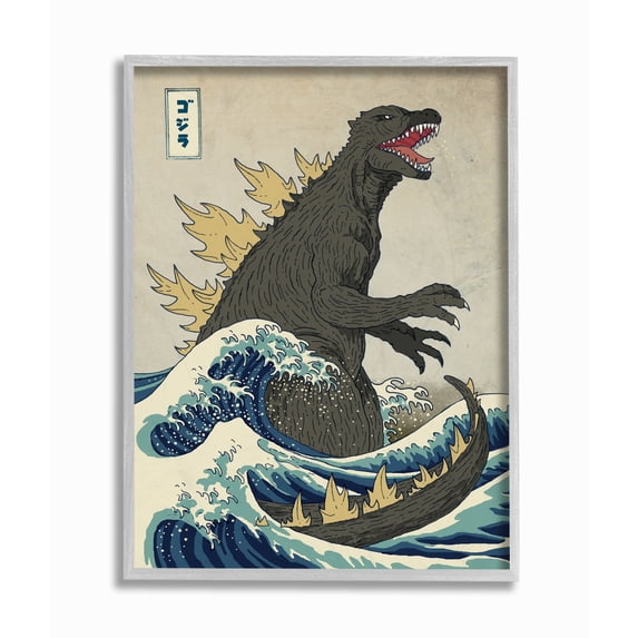 Stupell IndustriesGodzilla in the Waves Eastern Poster Style IllustrationFramed Wall Art by Michael Buxton