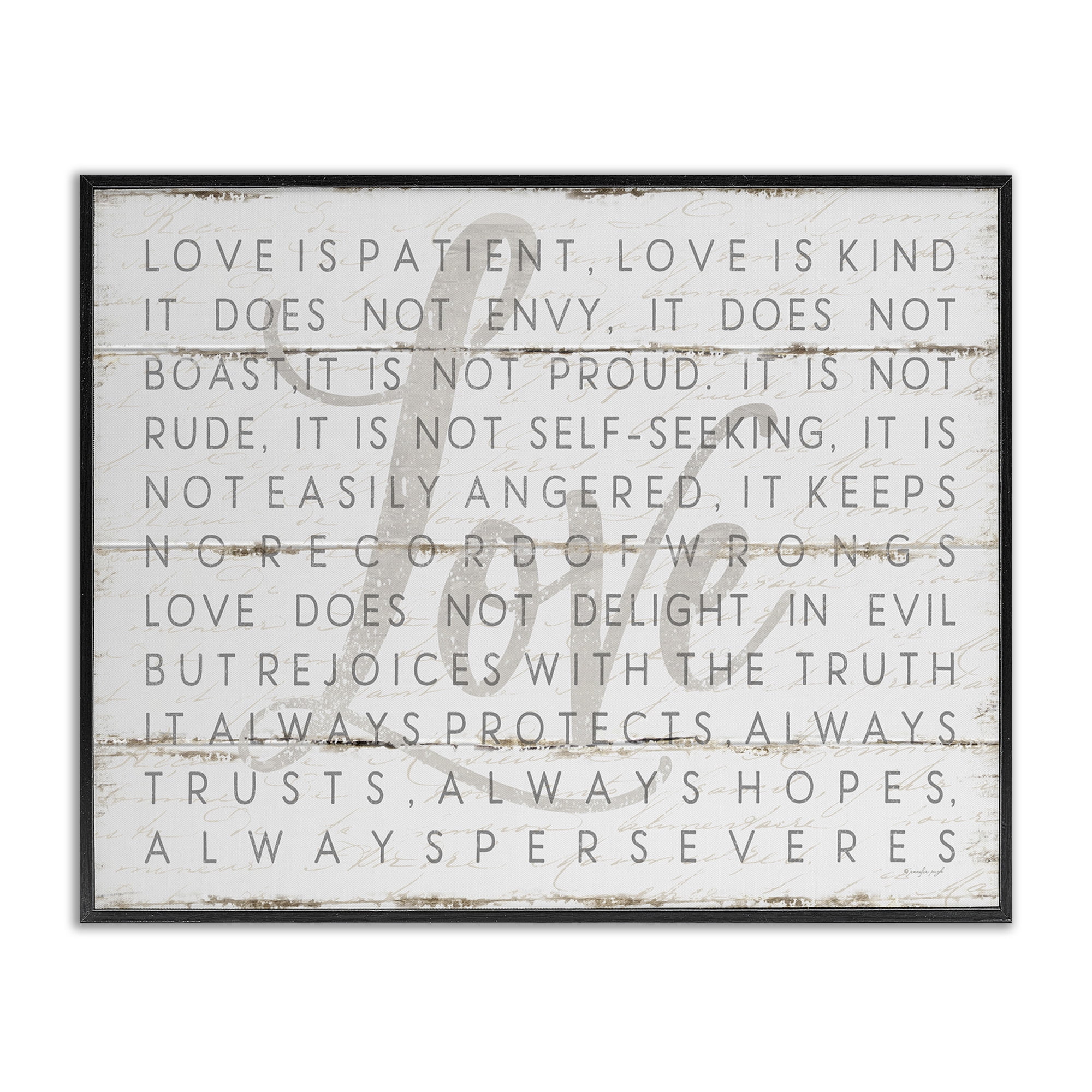 Stupell IndustriesLove Is Patient Grey on White Planked LookFramed Wall Art by Jennifer Pugh