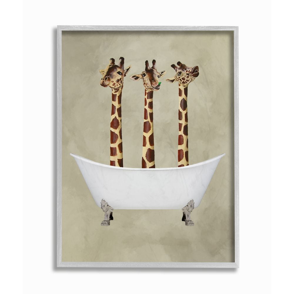 Three Giraffes in Bathtub Gray Framed Canvas Wall Art