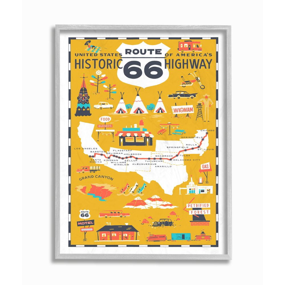 Stupell IndustriesUS Route 66 Historic Highway Mustard Yellow Illustrated Scenic Map PosterFramed Wall Art by Vestiges