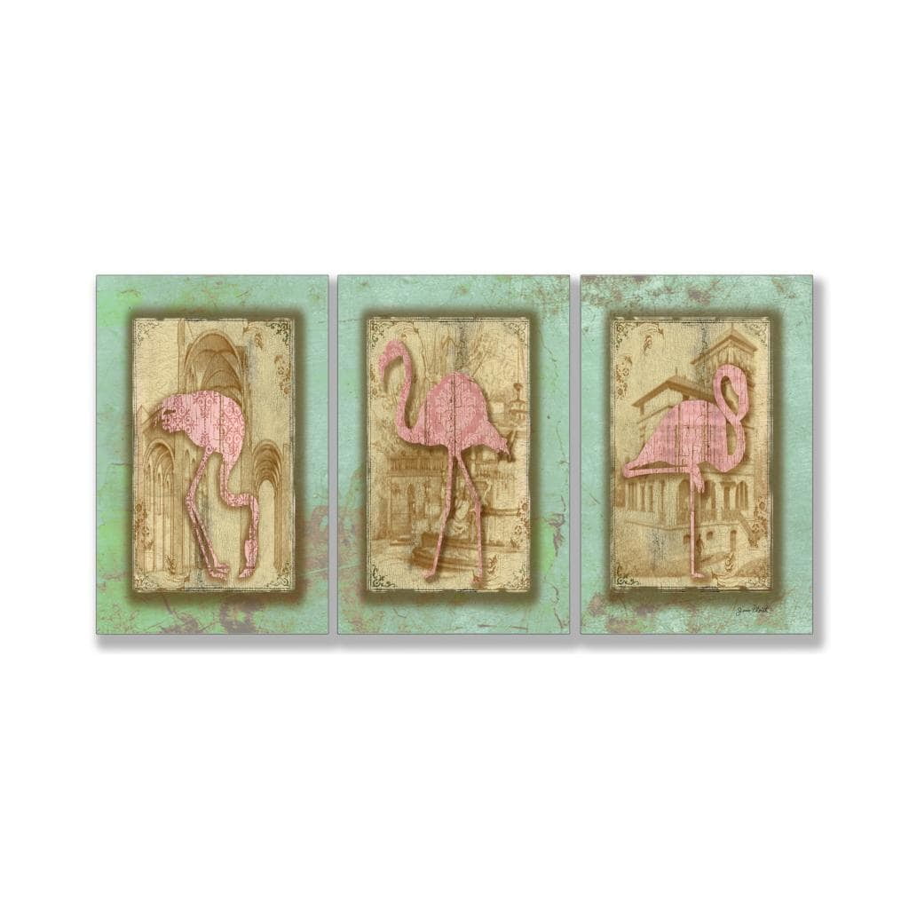 Vintage Pink Flamingo Trio Triptych Art on MDF