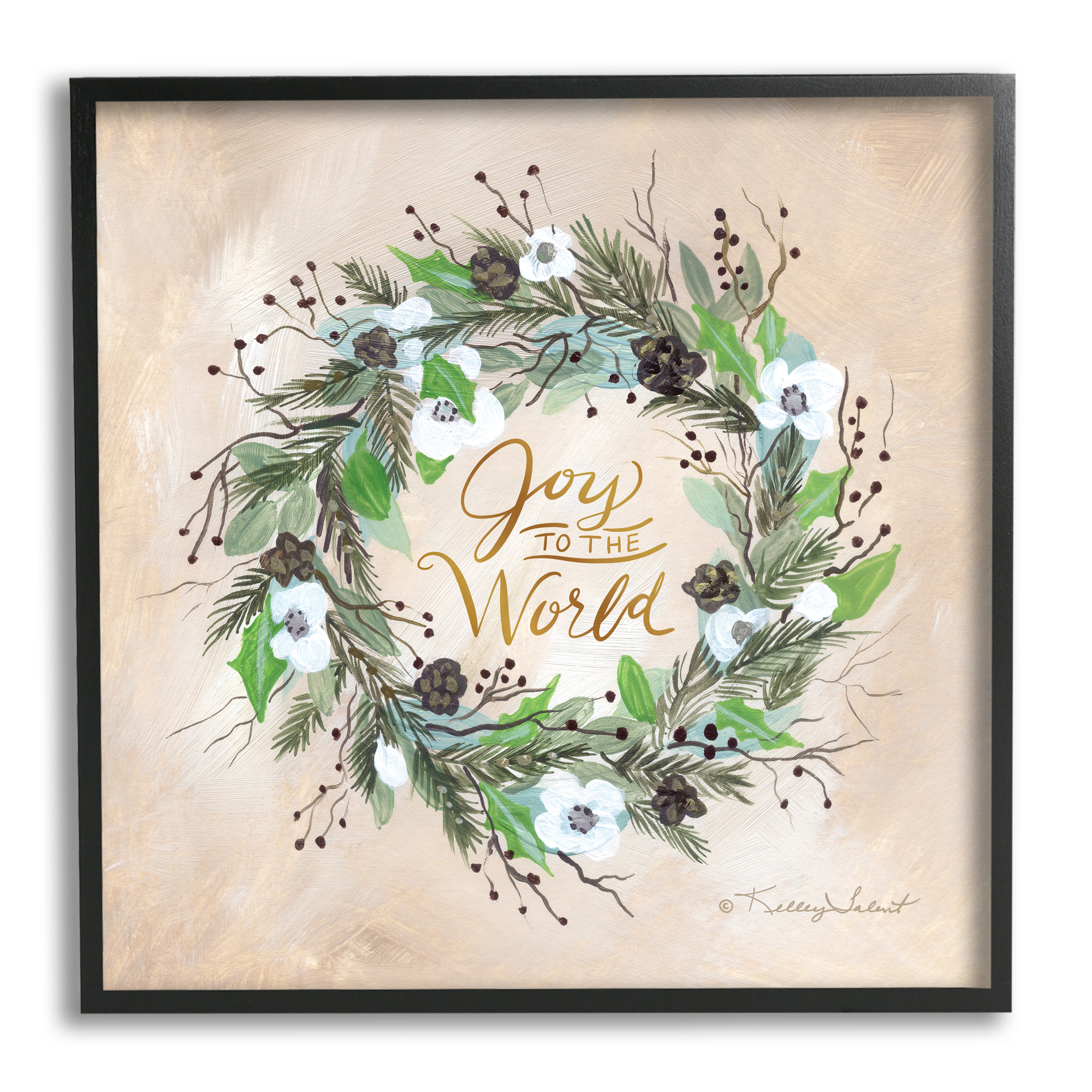 Stupell Joy To The World Holiday Floral Wreath Holiday Painting Black Framed Art Print Wall Art