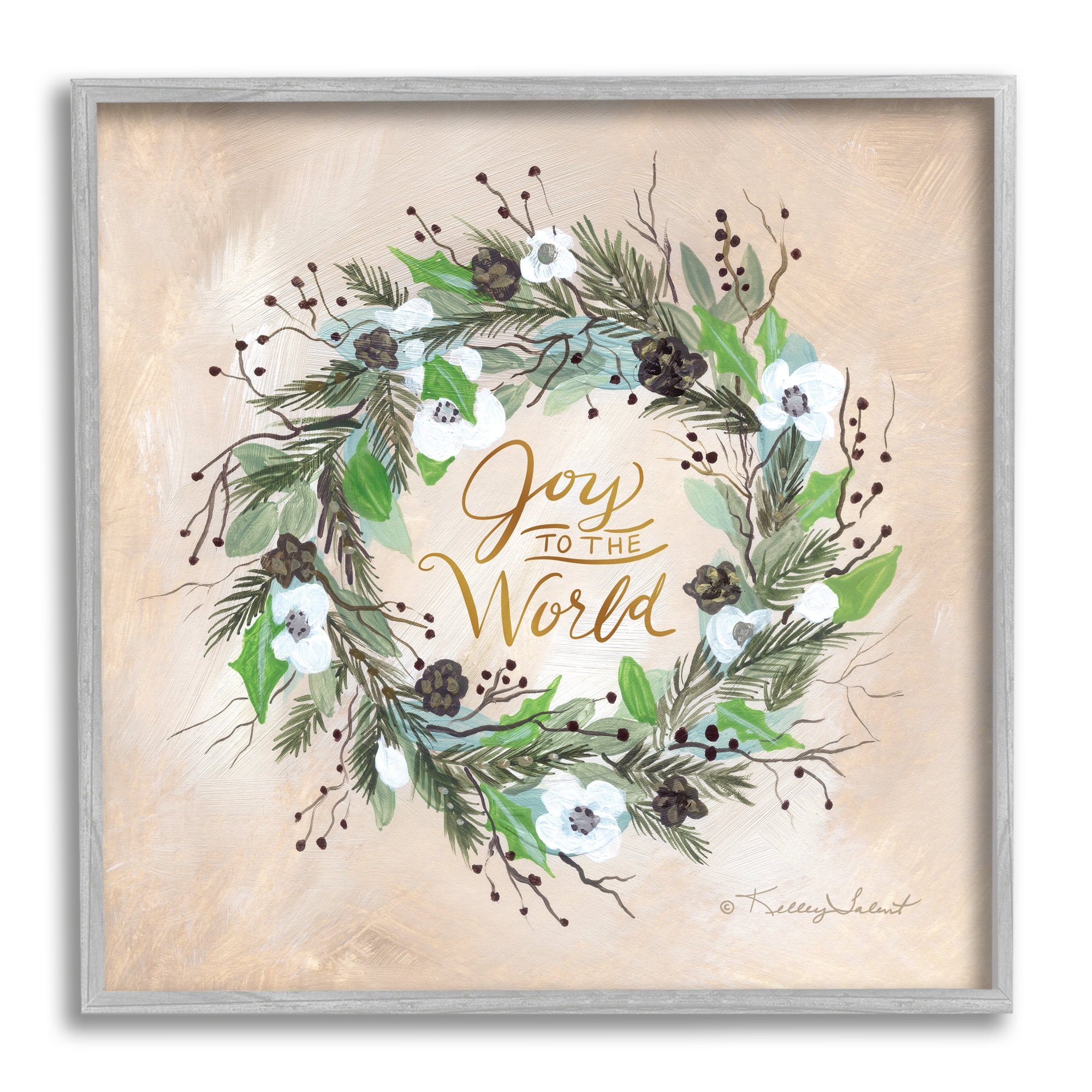 Stupell Joy To The World Holiday Floral Wreath Holiday Painting Gray Framed Art Print Wall Art
