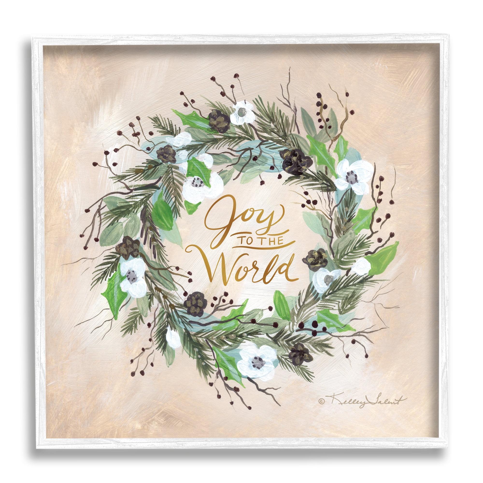 Stupell Joy To The World Holiday Floral Wreath Holiday Painting White Framed Art Print Wall Art