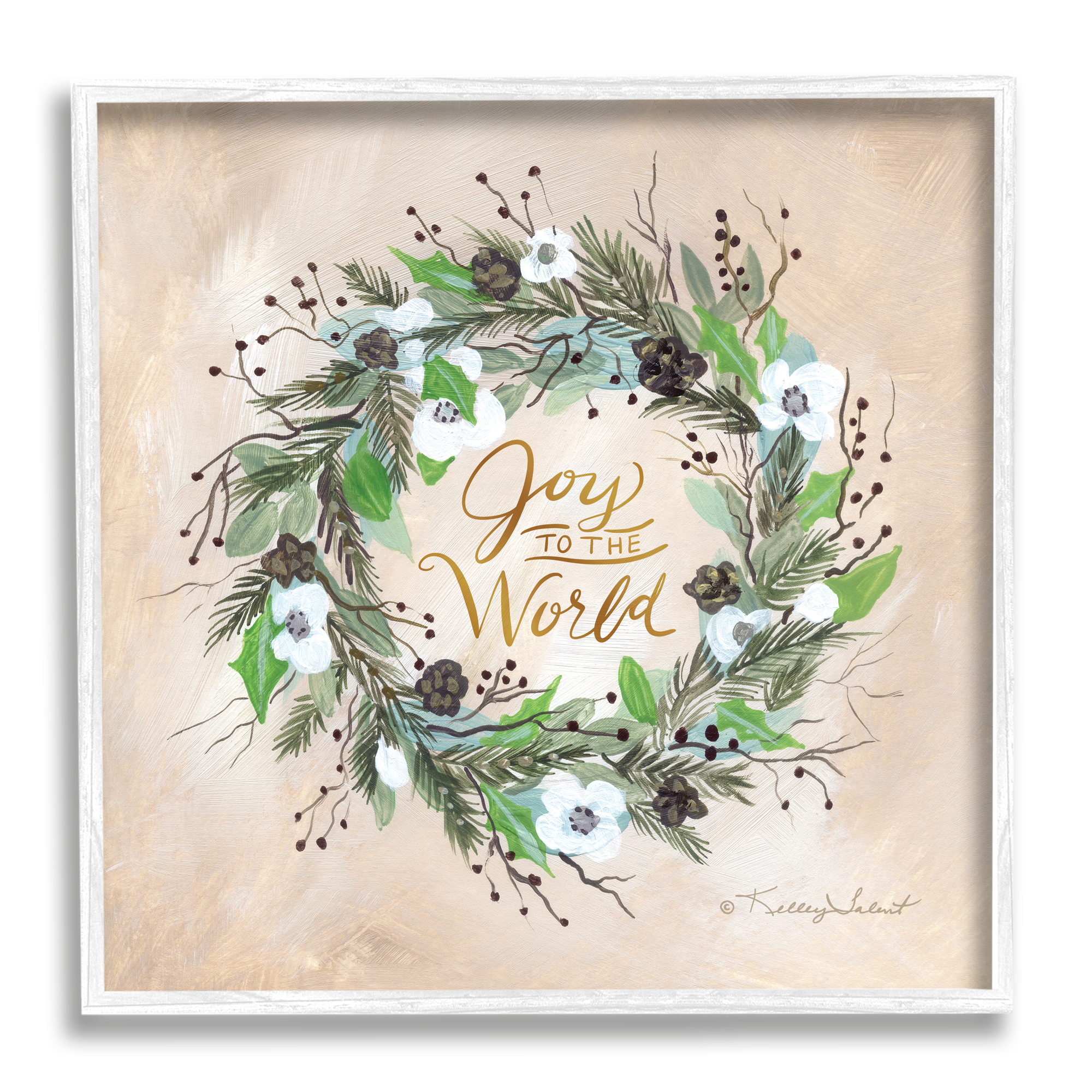 Stupell Joy To The World Holiday Floral Wreath Holiday Painting White Framed Art Print Wall Art
