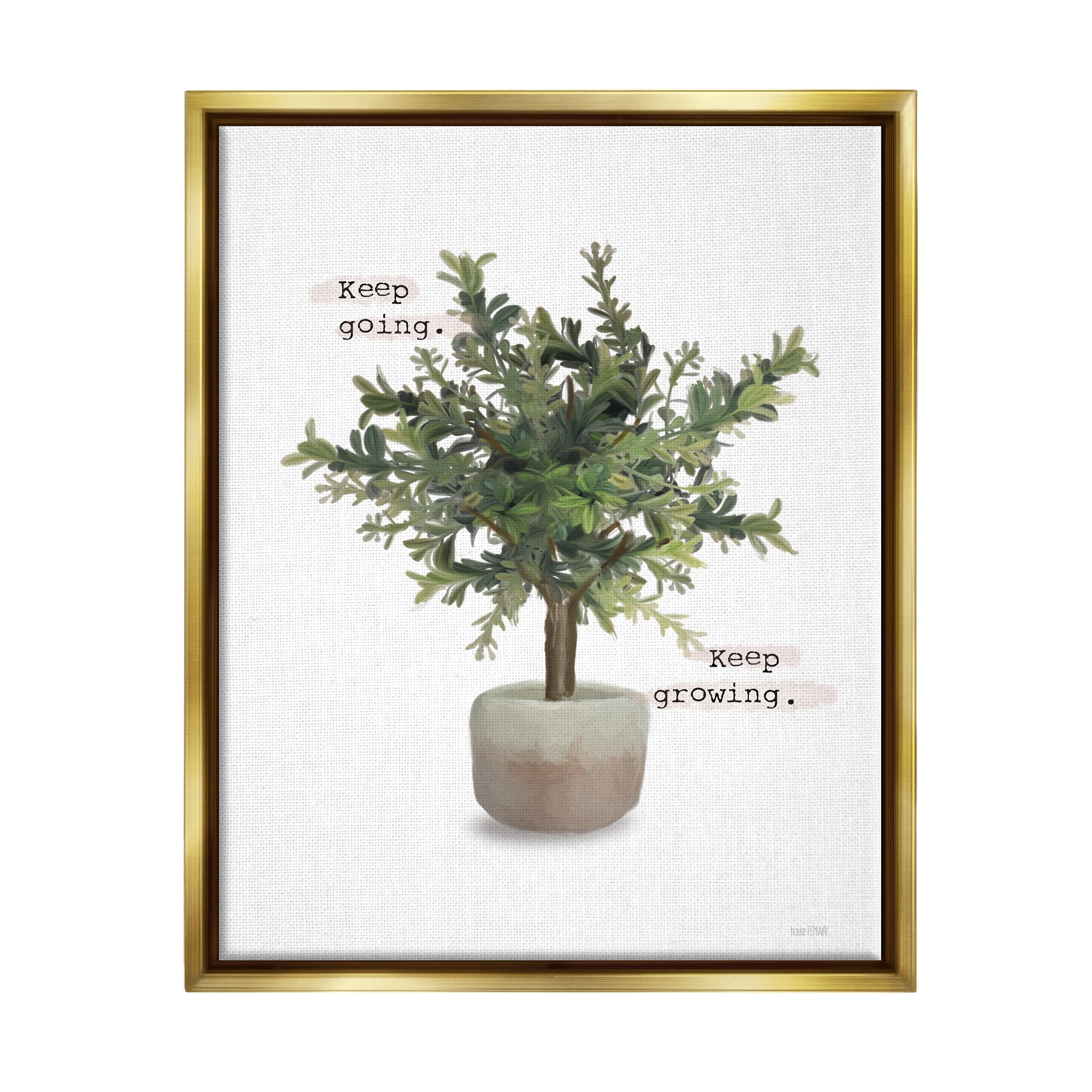 Stupell Keep Going & Growing Potted Plant Botanical & Floral Painting Gold Floater Framed Art Print Wall Art