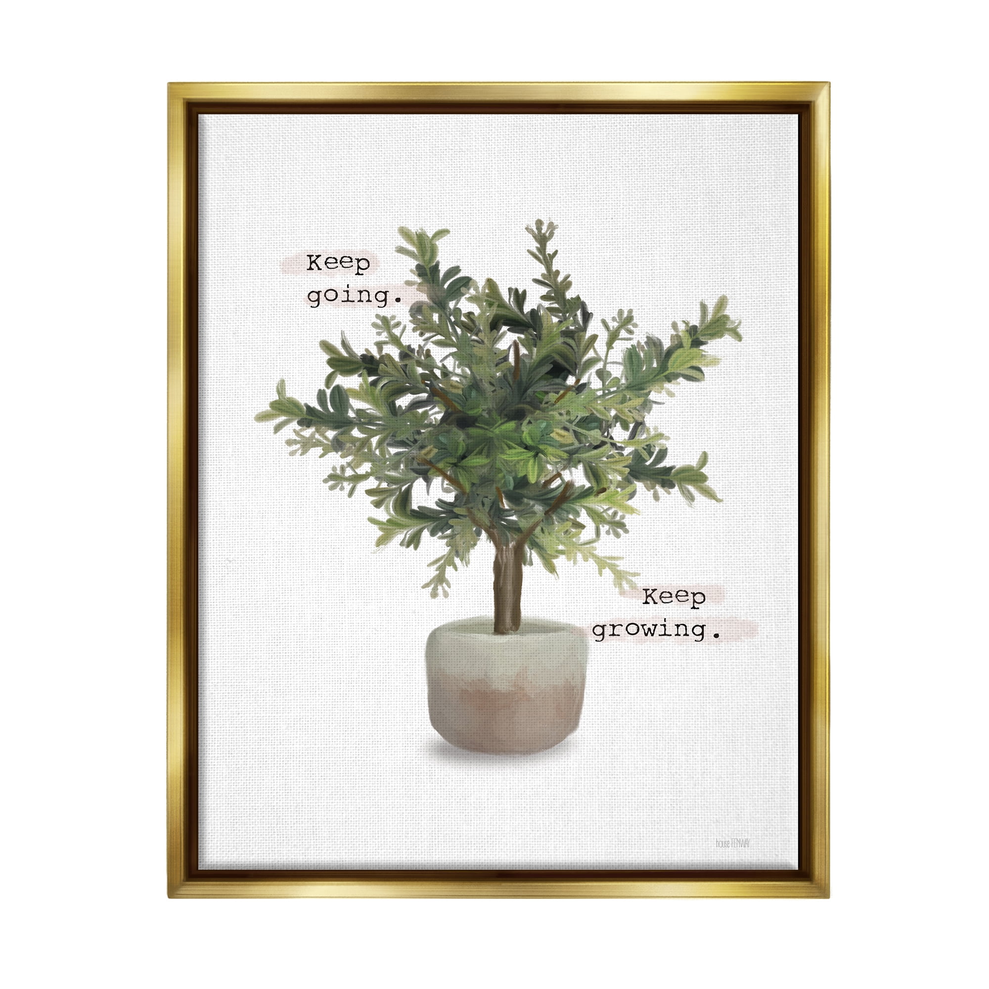 Stupell Keep Going & Growing Potted Plant Botanical & Floral Painting Gold Floater Framed Art Print Wall Art