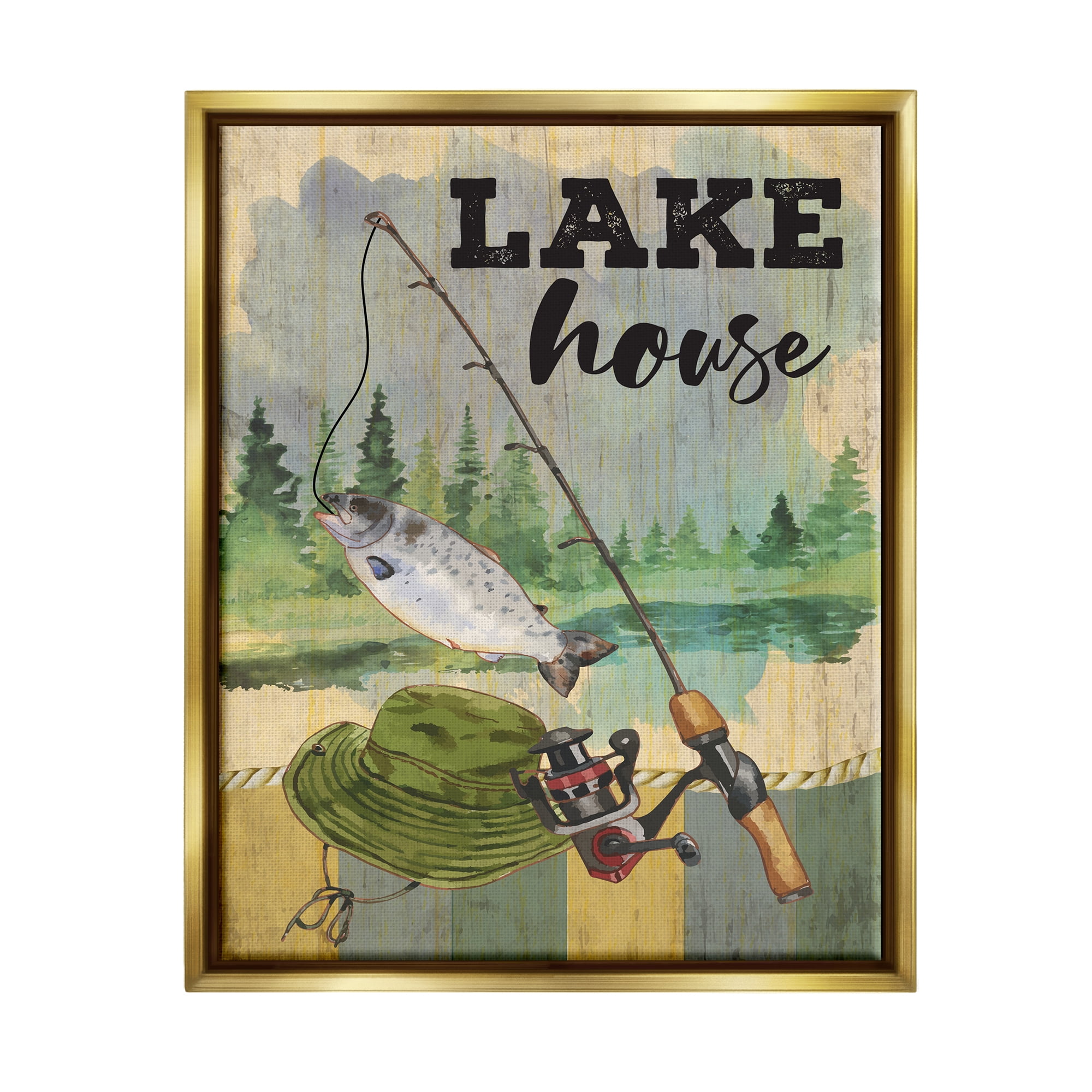 Stupell Lake House Fishing Angler Sign Animals & Insects Painting Gold Floater Framed Art Print Wall Art