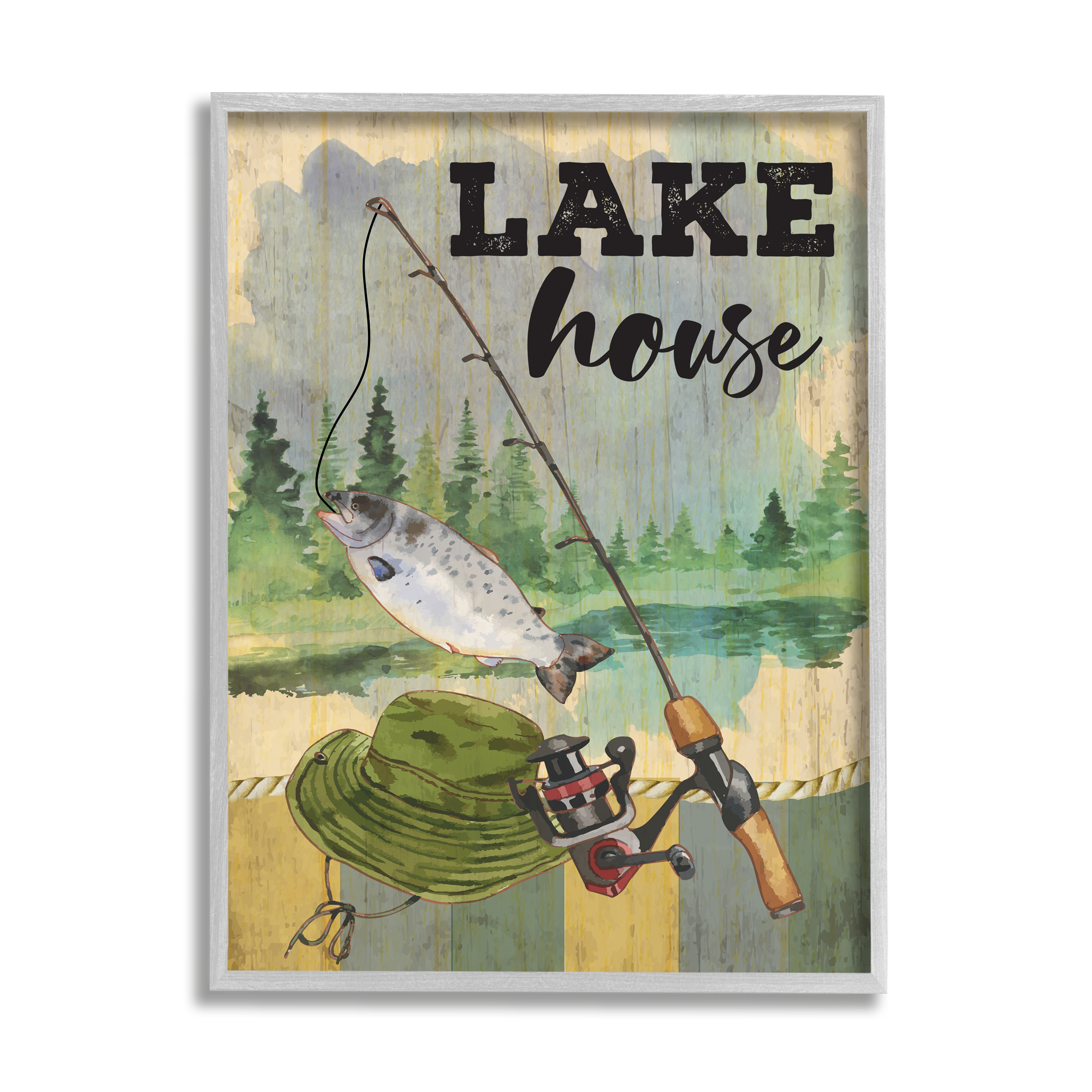 Stupell Lake House Fishing Angler Sign Animals & Insects Painting Gray Framed Art Print Wall Art