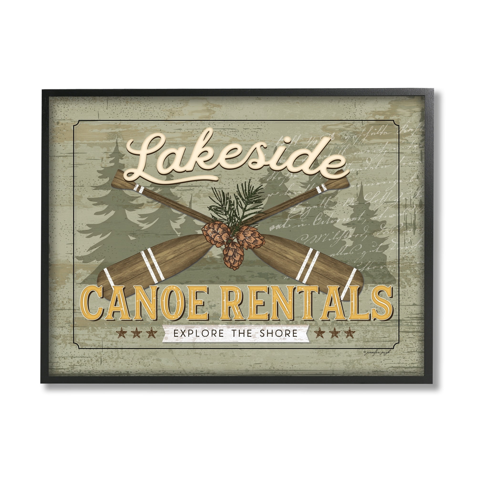 Stupell Lakeside Canoe Rentals Vintage Rustic Landscape Painting Black Framed Art Print Wall Art