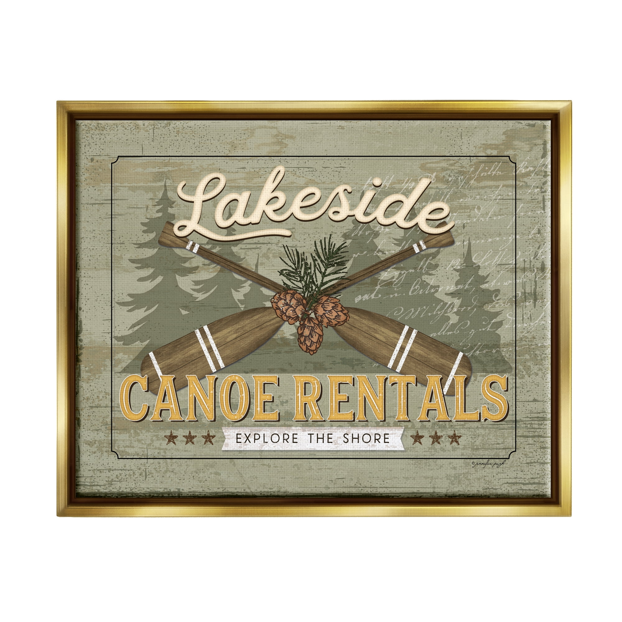 Stupell Lakeside Canoe Rentals Vintage Rustic Landscape Painting Gold Floater Framed Art Print Wall Art