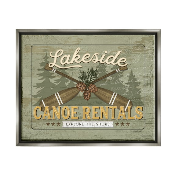 Stupell Lakeside Canoe Rentals Vintage Rustic Landscape Painting Gray Floater Framed Art Print Wall Art