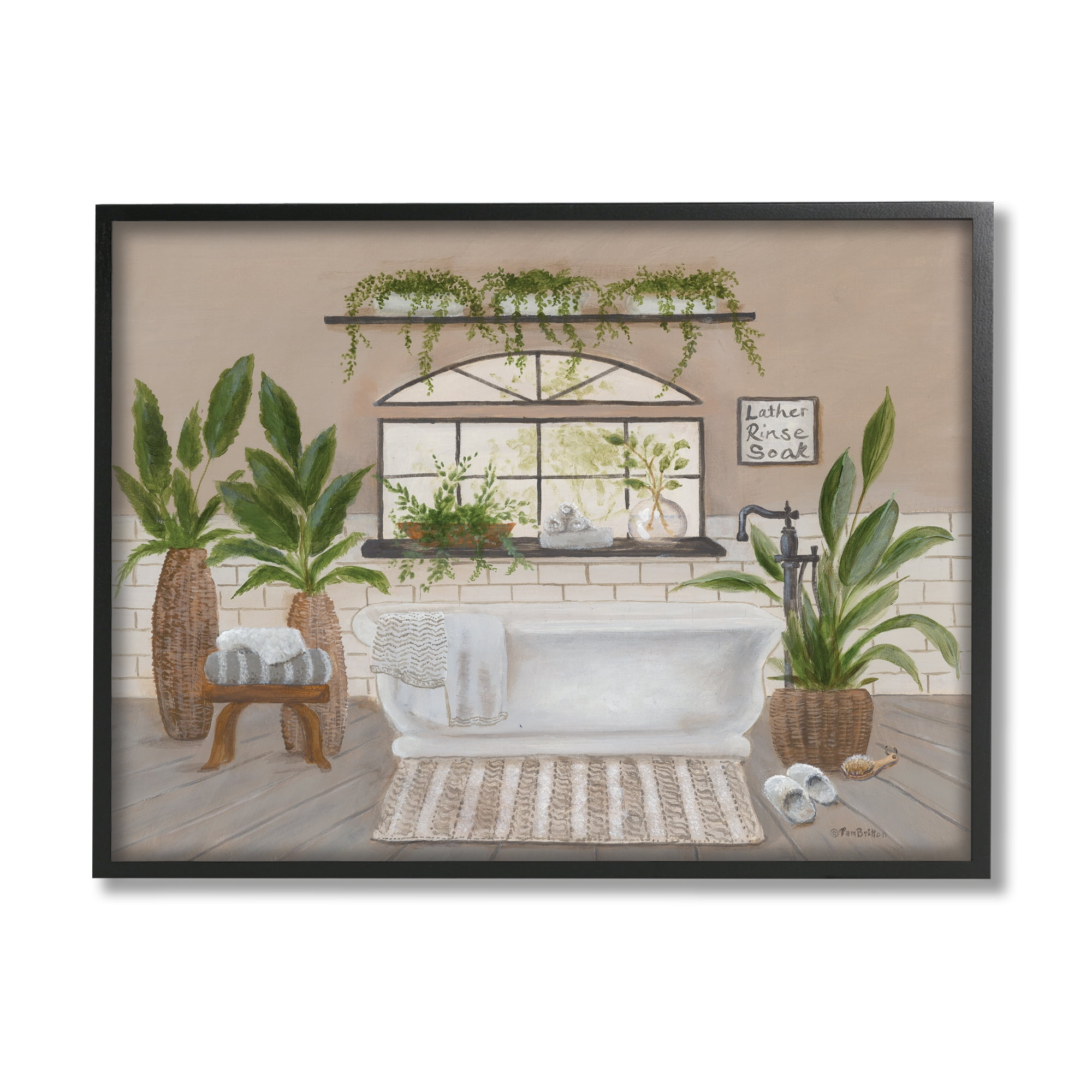 Stupell Lather Rinse Soak Bathroom Greenery Typography Painting Black Framed Art Print Wall Art